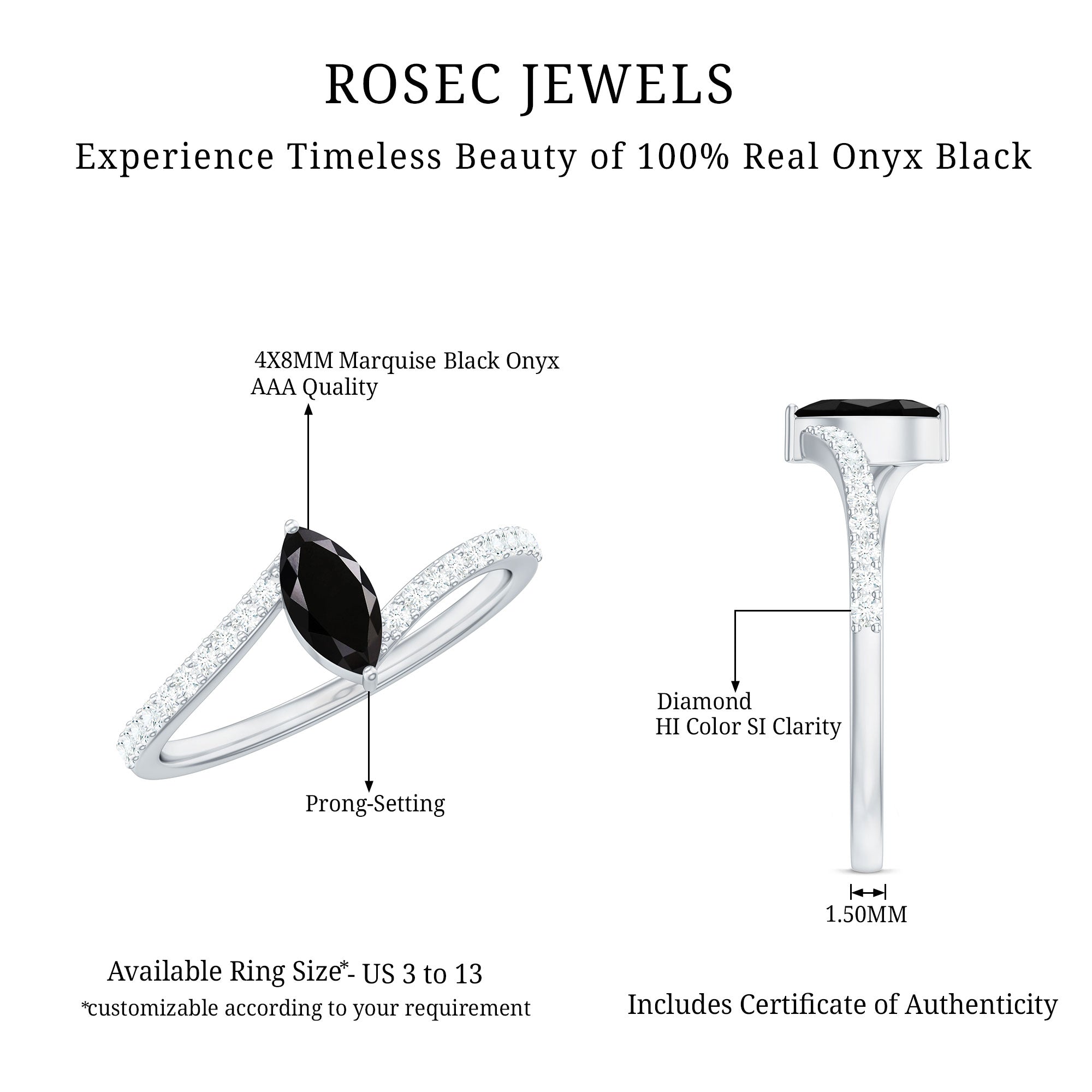 4X8mm Marquise Cut Black Onyx Promise Ring with Diamond Bypass Shank AAA - Rosec Jewels
