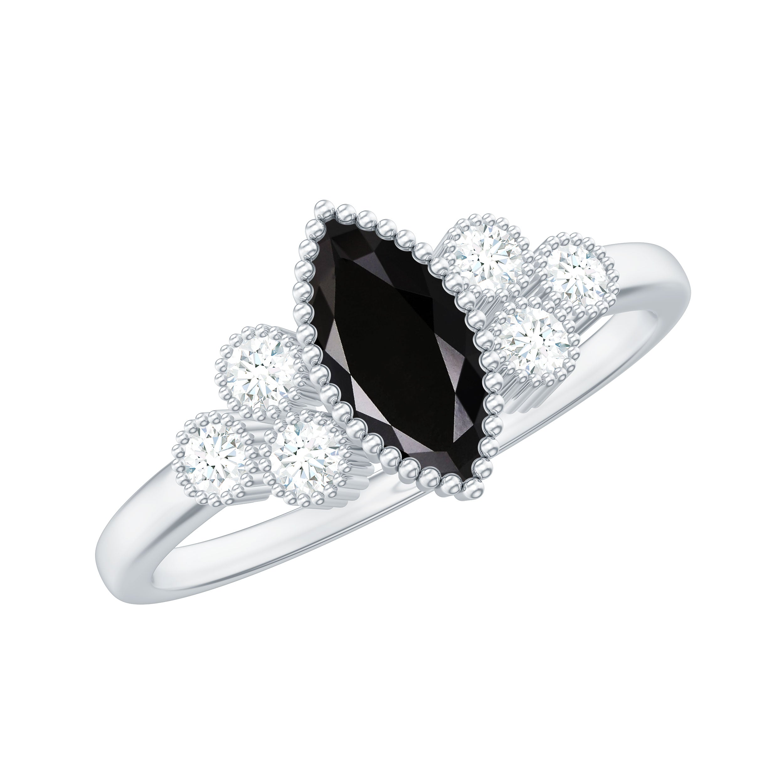Natural Marquise Black Spinel Engagement Ring with Diamond Trio AAA - Rosec Jewels