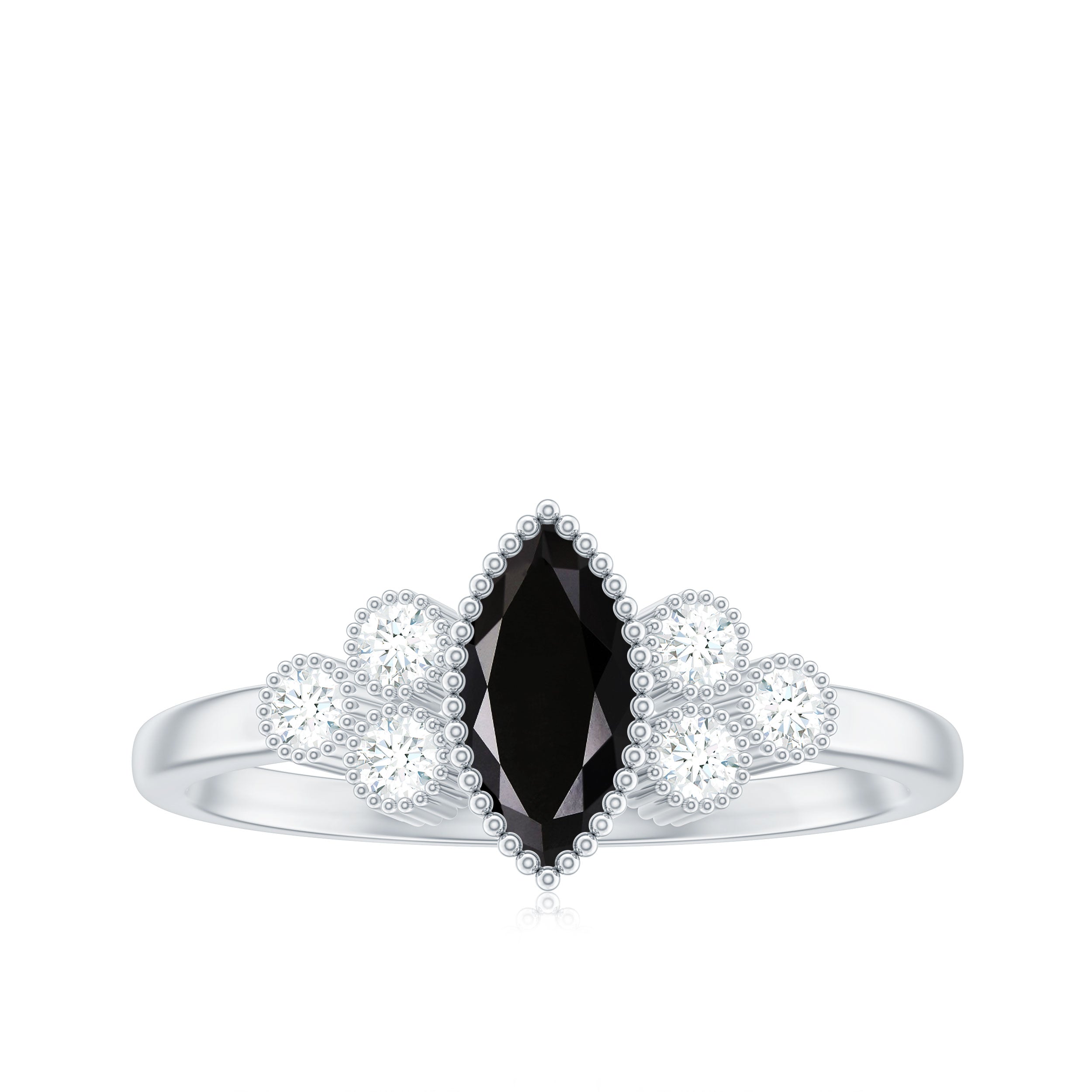 Natural Marquise Black Spinel Engagement Ring with Diamond Trio AAA - Rosec Jewels