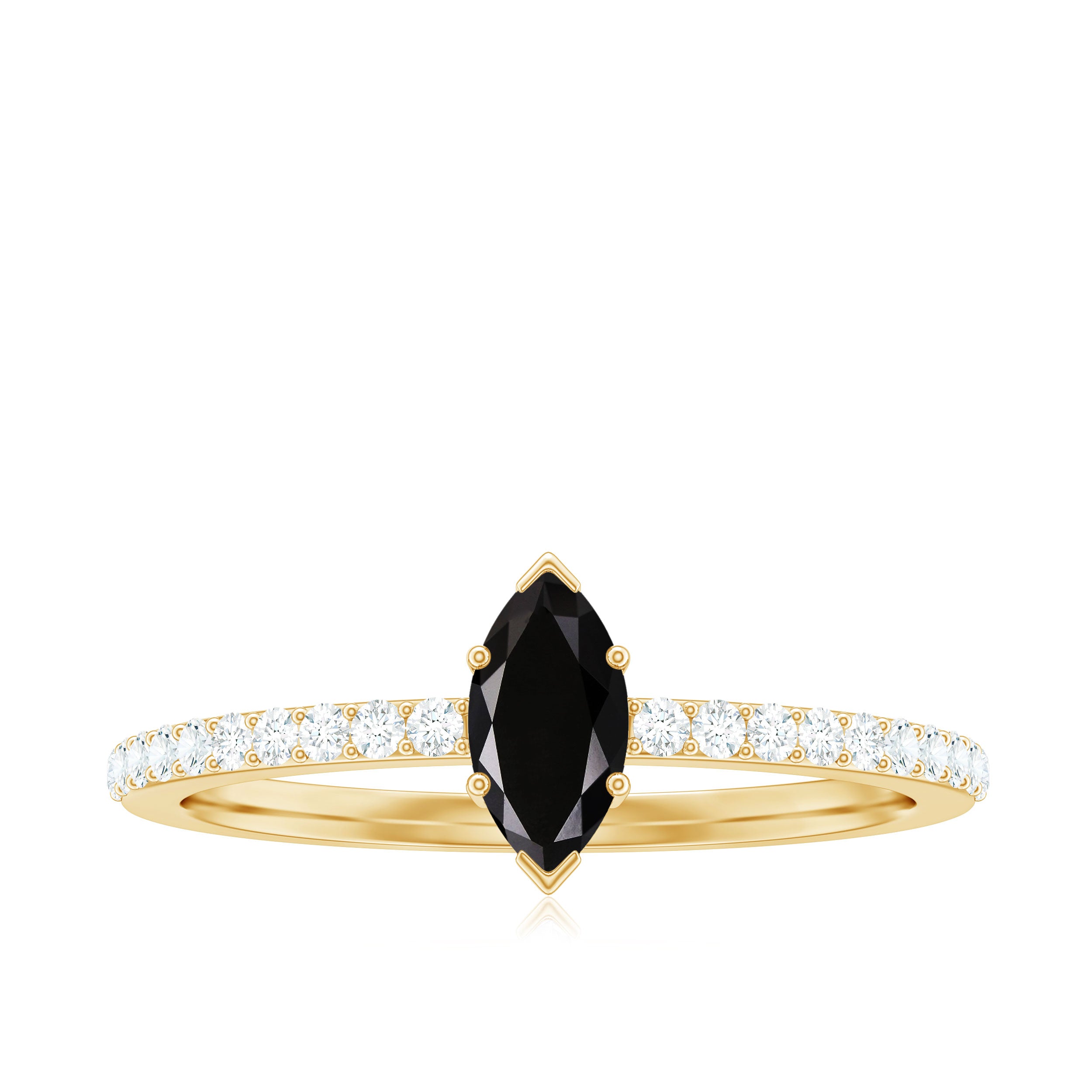 4x8mm Marquise Cut Black Onyx Minimal Promise Ring with Diamond AAA - Rosec Jewels