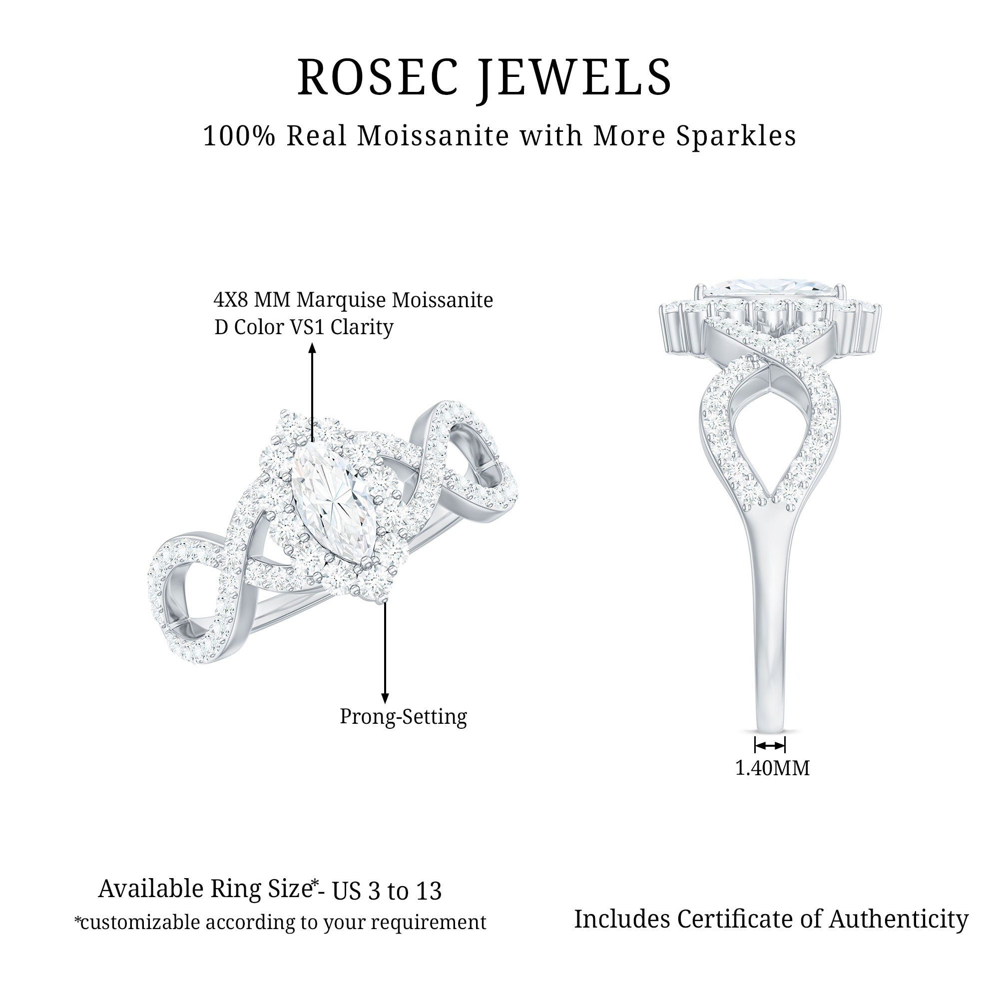 Marquise Moissanite Criss Cross Engagement Ring with Halo D-VS1 - Rosec Jewels