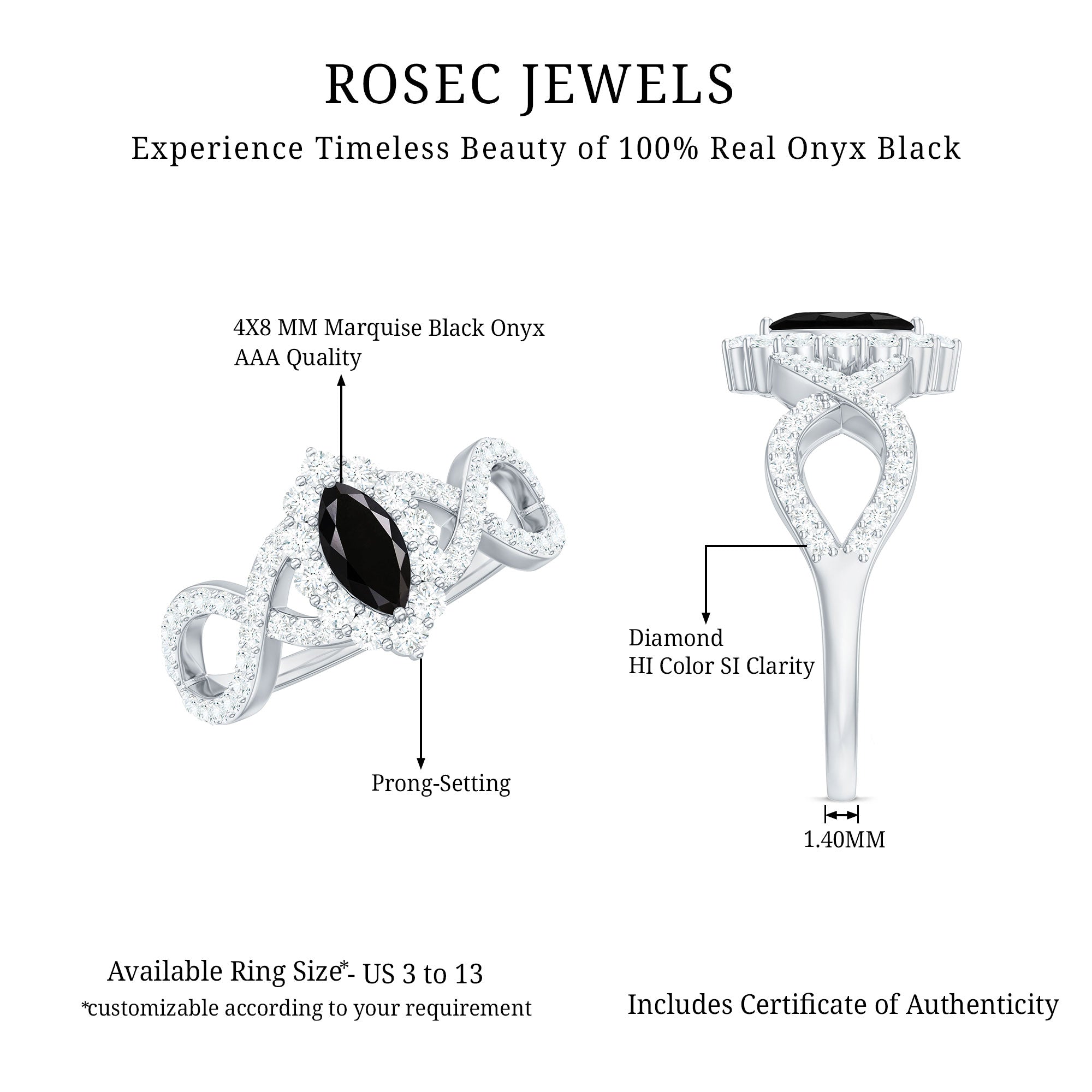 4x8mm Marquise Cut Black Onyx Statement Engagement Ring with Diamond Halo AAA - Rosec Jewels