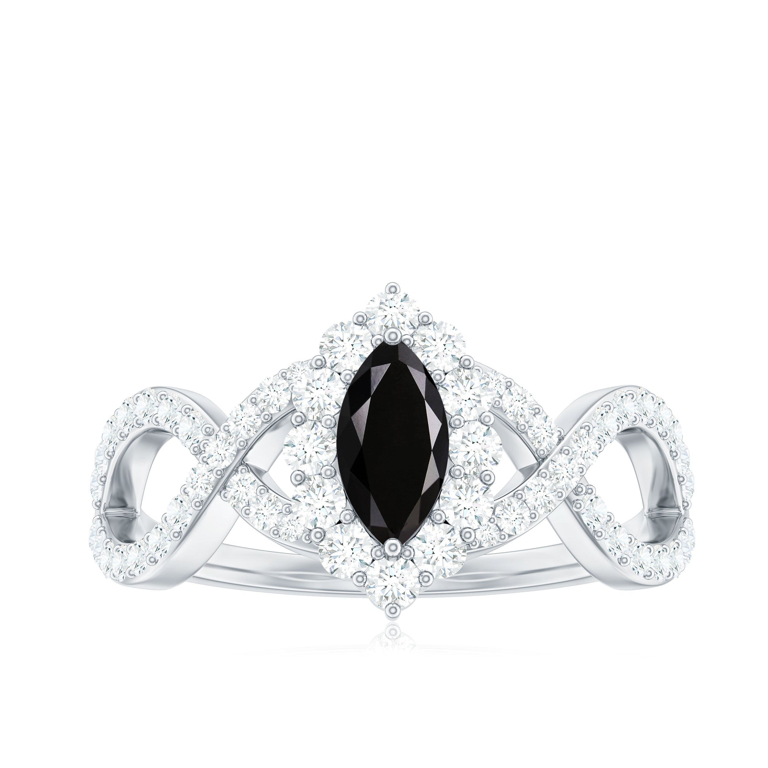 4x8mm Marquise Cut Black Onyx Statement Engagement Ring with Diamond Halo AAA - Rosec Jewels