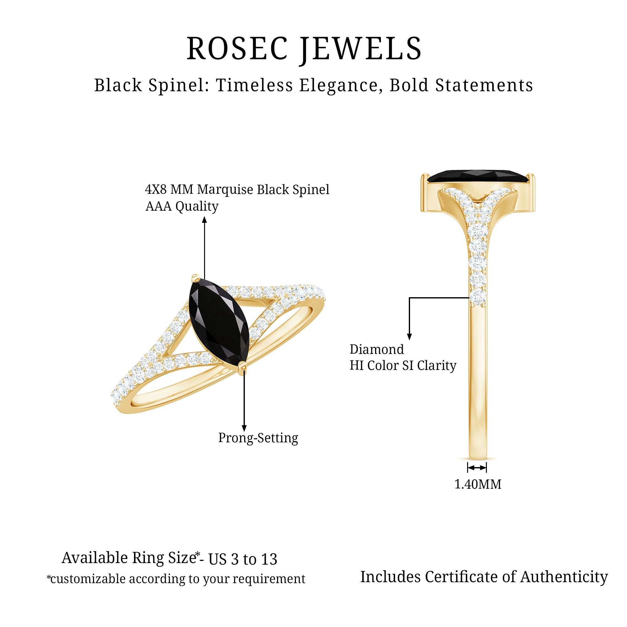 Minimal Black Spinel Marquise Engagement Ring with Diamond Split Shank AAA - Rosec Jewels