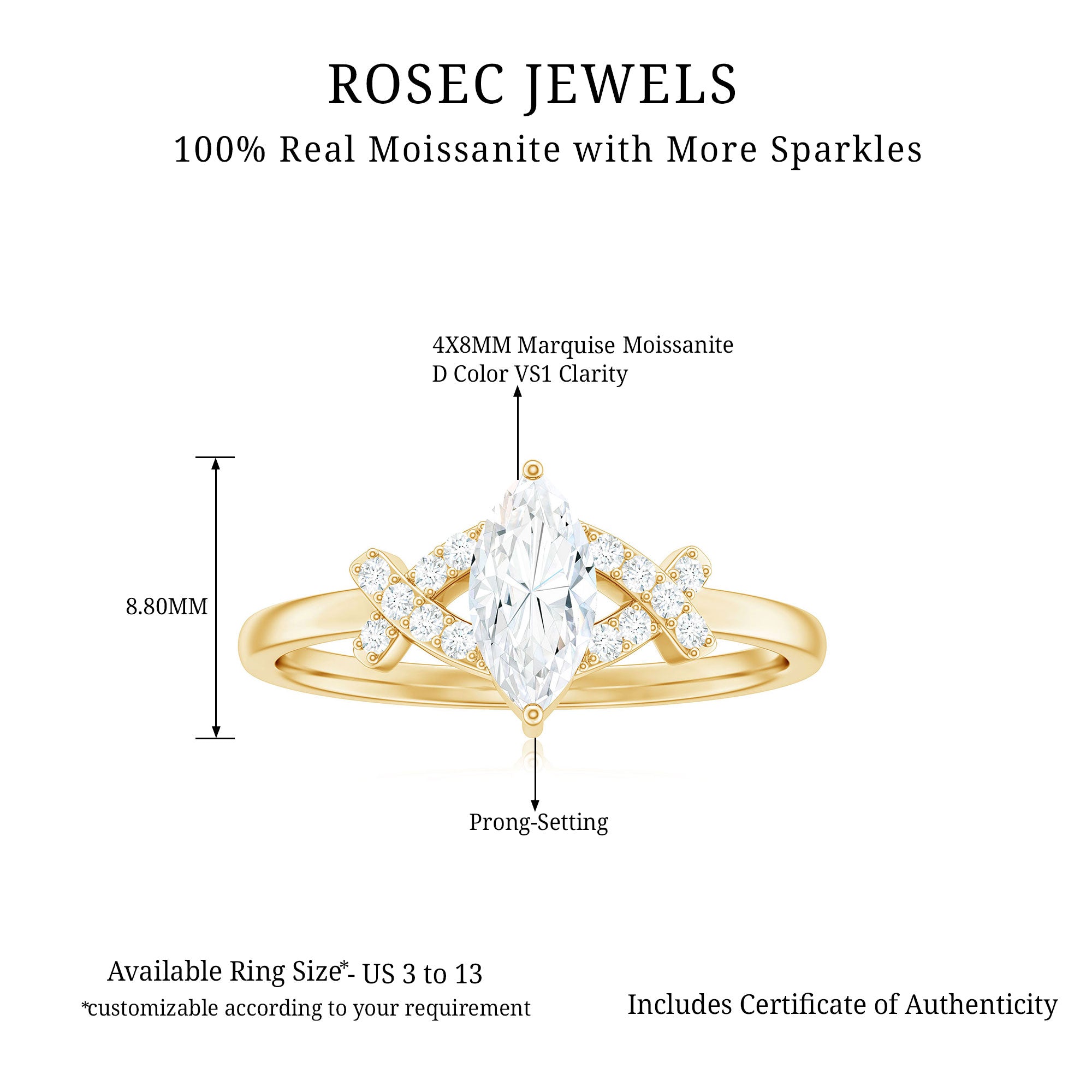 Certified Moissanite Marquise Engagement Ring for Women D-VS1 - Rosec Jewels