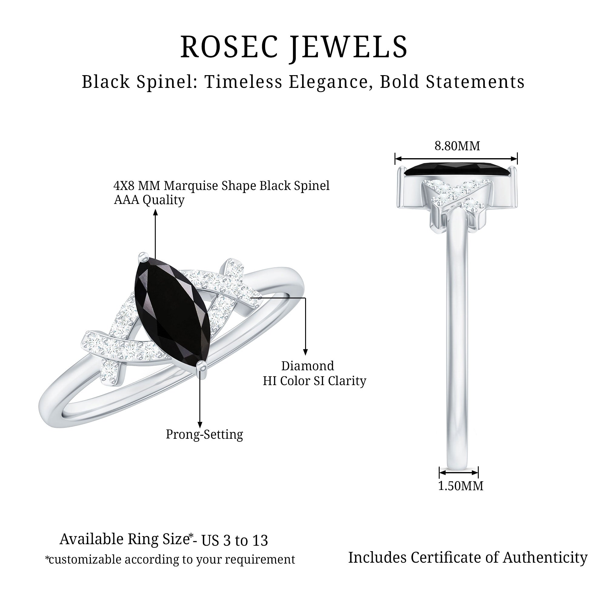 Natural Black Spinel Marquise Engagement Ring with Diamond AAA - Rosec Jewels