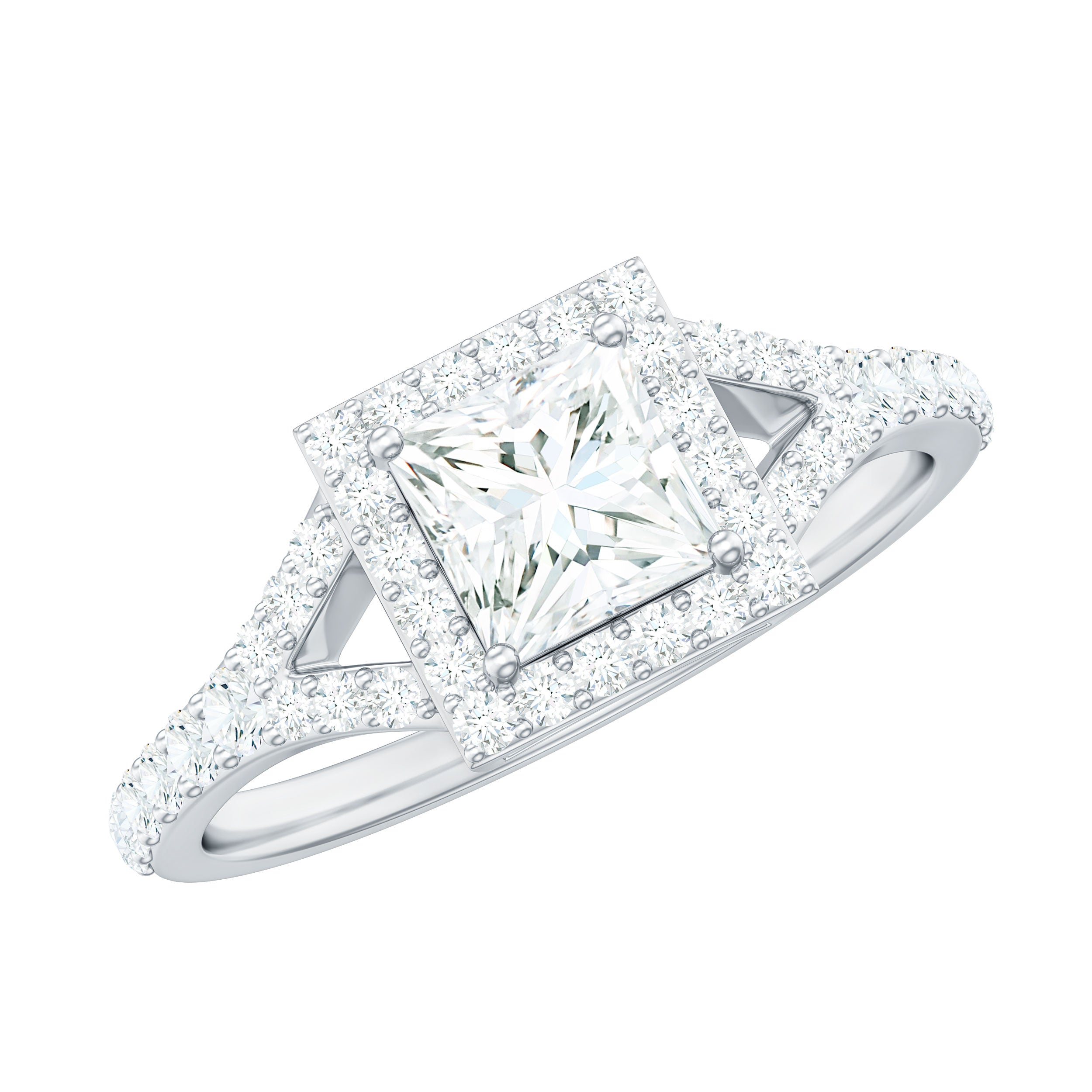 Princess Cut Moissanite Halo Engagement Ring with Split Band
