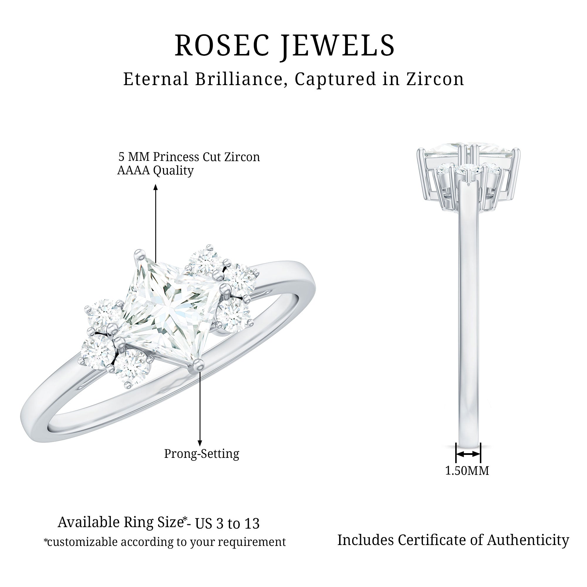 1 CT Princess Cut Cubic Zirconia Engagement Ring in Prong Setting AAAA - Rosec Jewels