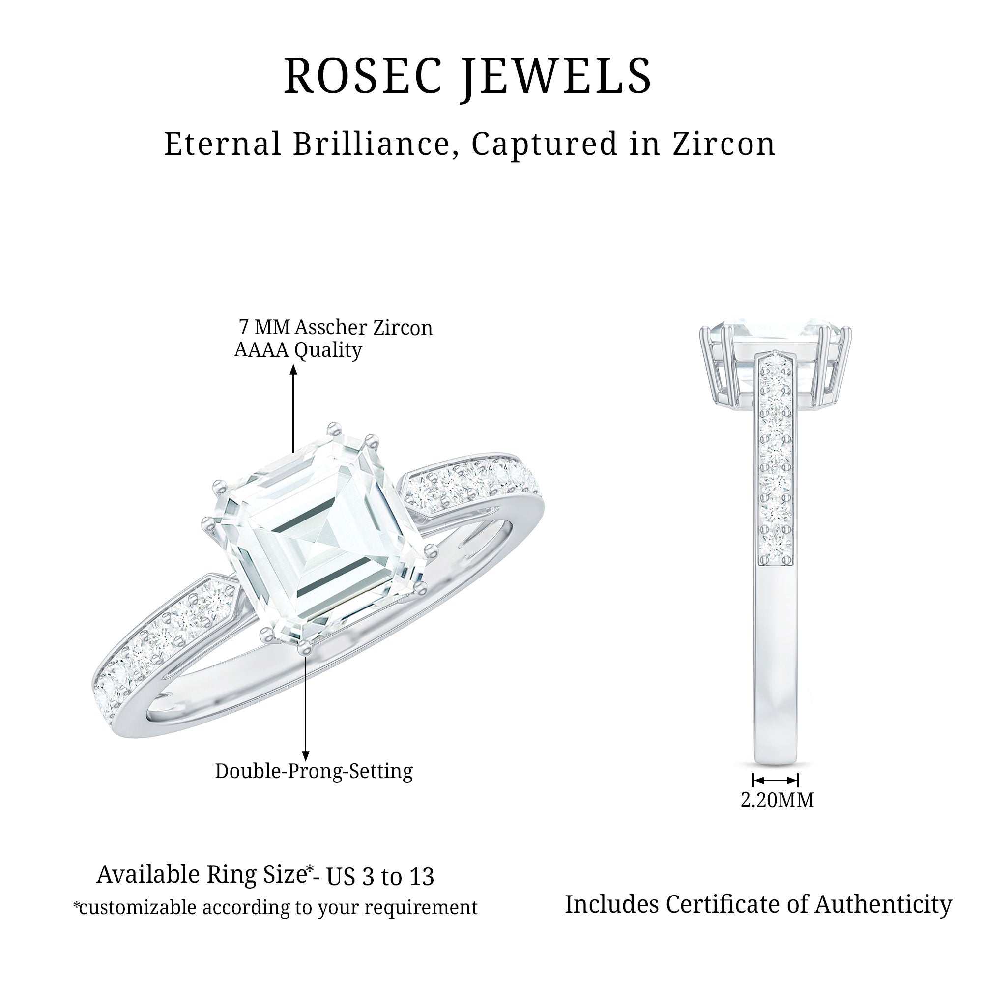 2 Carat Asscher Cut Solitaire CZ Diamond Engagement Ring AAAA - Rosec Jewels