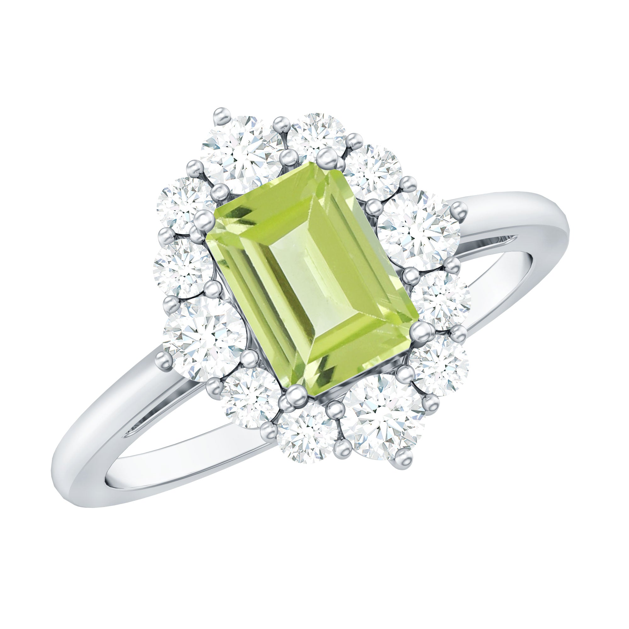 Natural 1.8 Carat Peridot Emerald Cut Engagement Ring with Diamond Halo AAA - Rosec Jewels