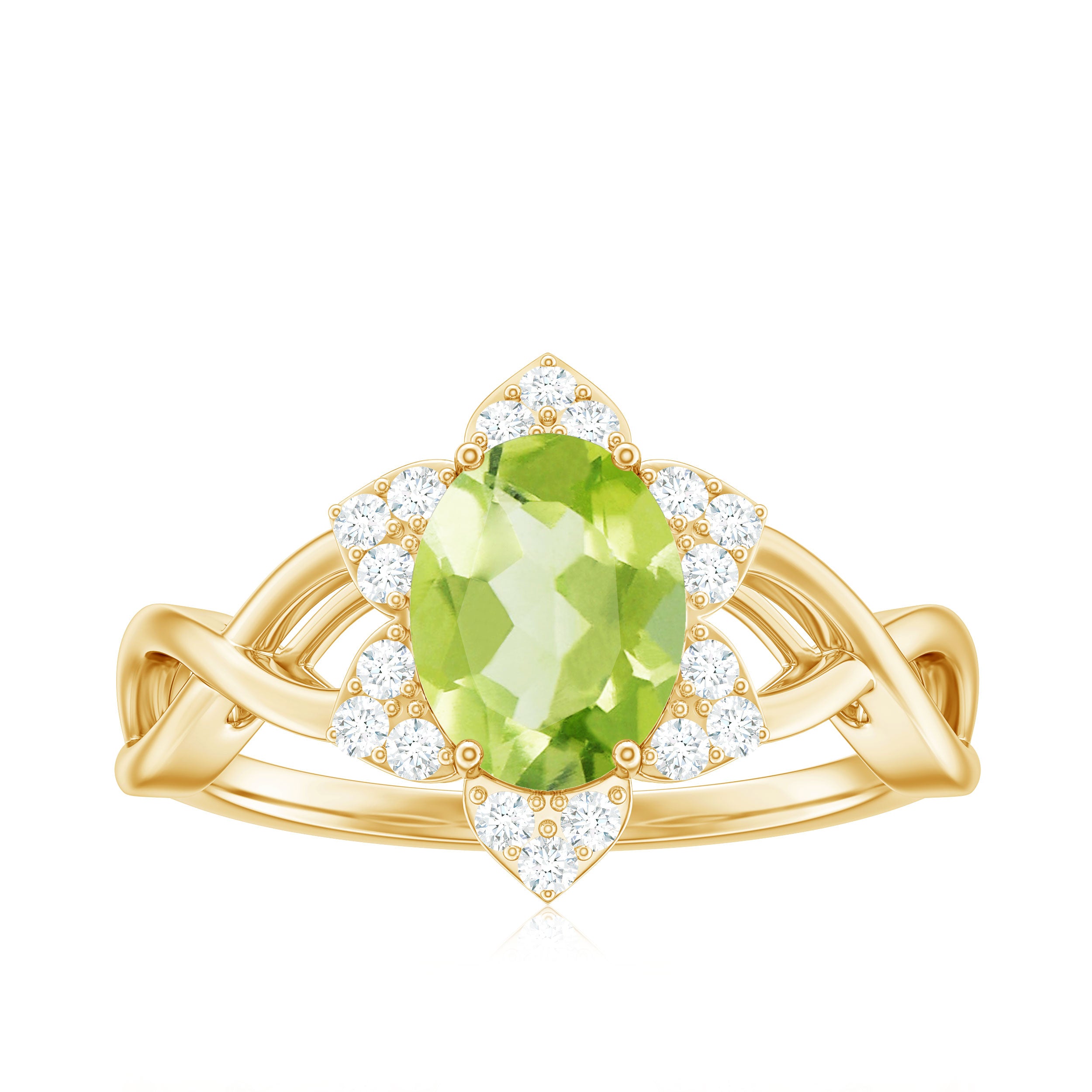 Natural 1 Carat Oval Peridot Flower Engagement Ring with Diamond AAA - Rosec Jewels