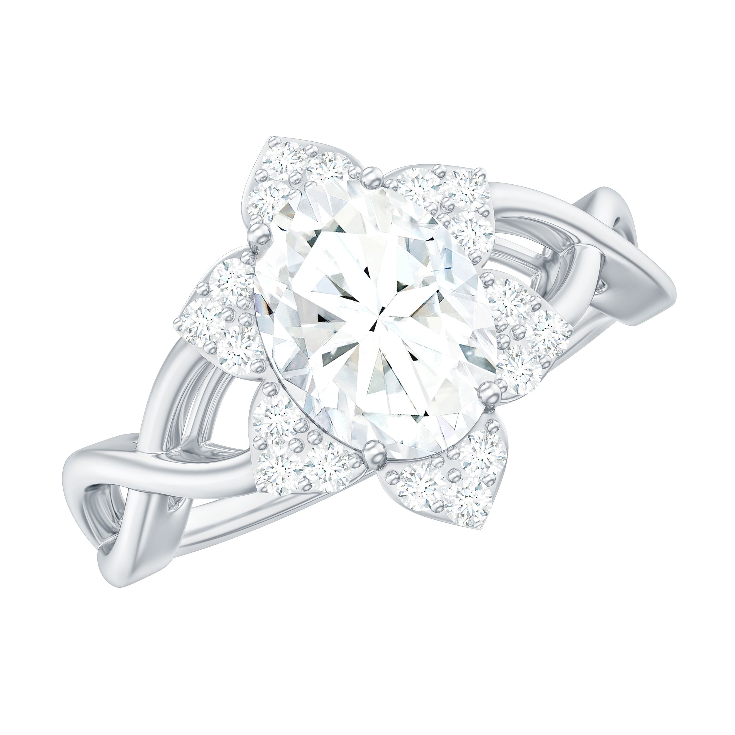 Certified Moissanite Flower Halo Engagement Ring with Criss Cross Band D-VS1 - Rosec Jewels