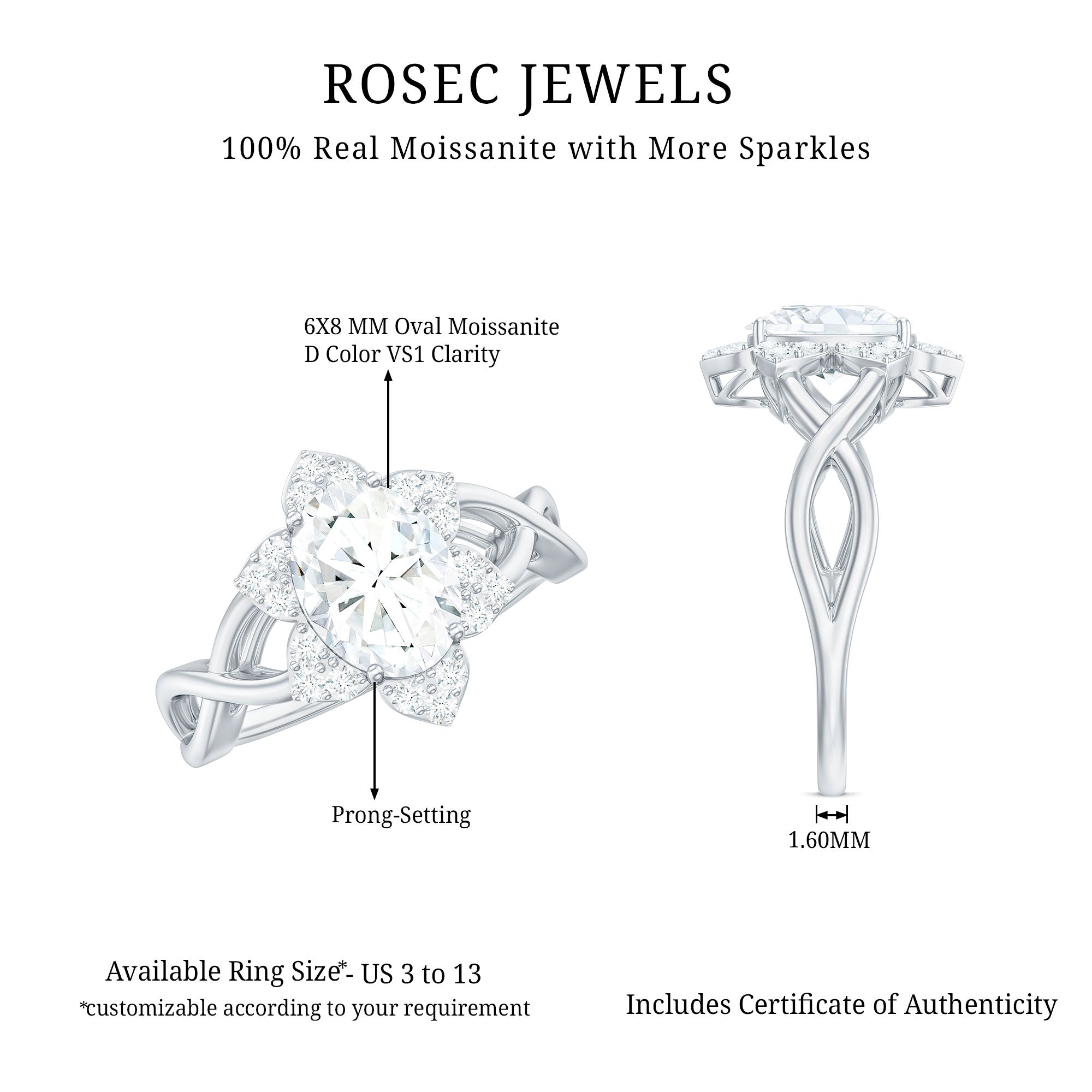 Certified Moissanite Flower Halo Engagement Ring with Criss Cross Band D-VS1 - Rosec Jewels