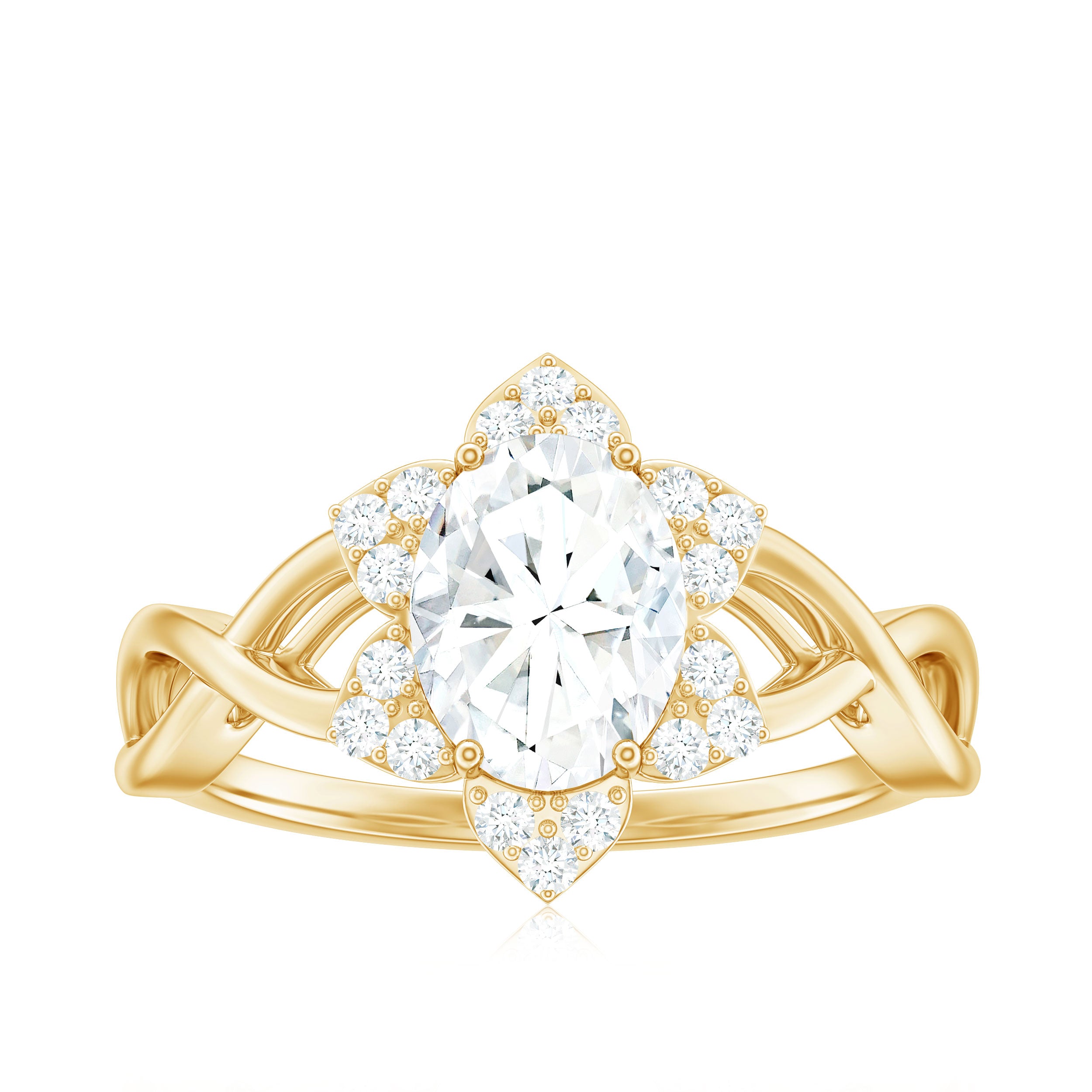 Certified Moissanite Flower Halo Engagement Ring with Criss Cross Band D-VS1 - Rosec Jewels