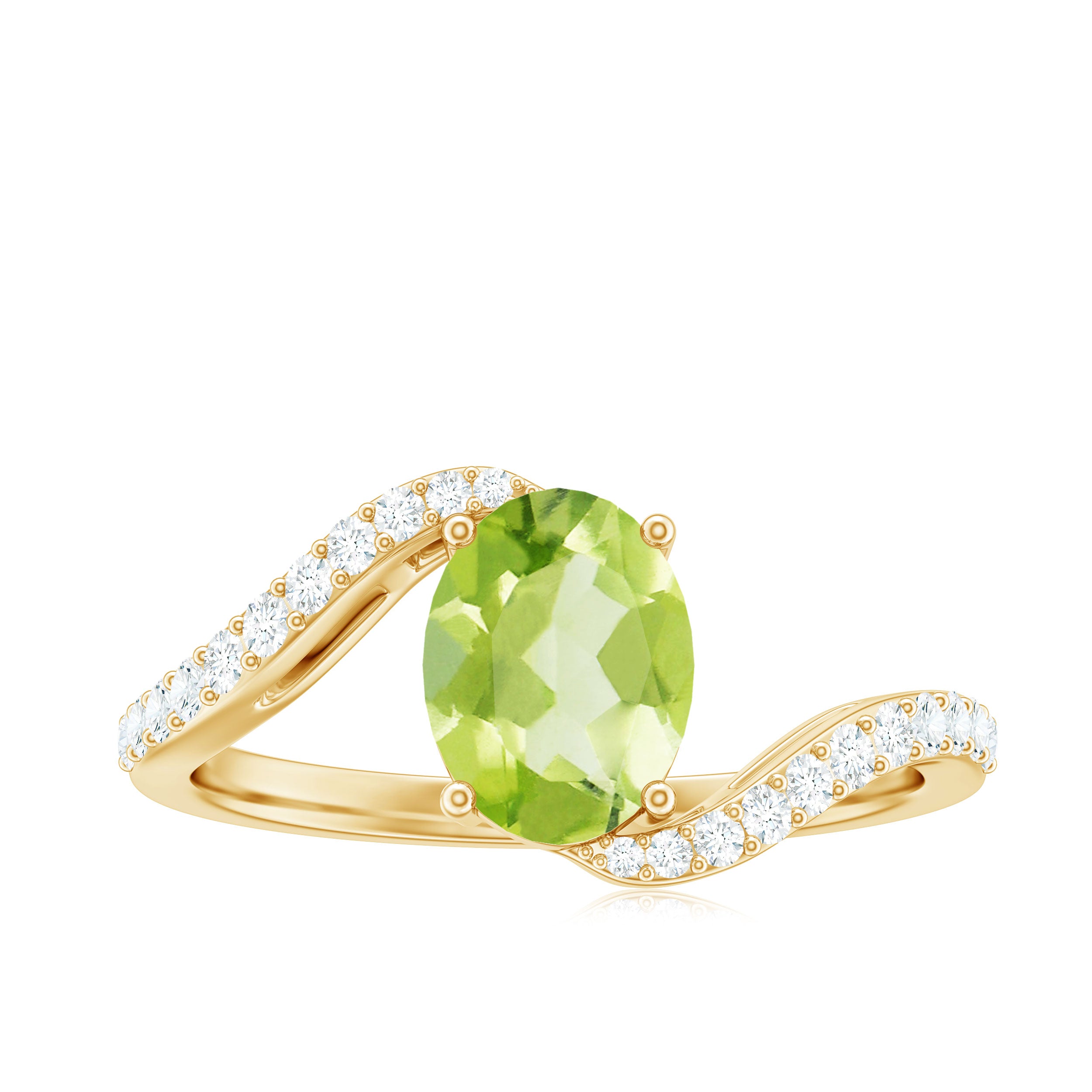 Natural 1 Carat Oval Peridot Engagement Ring with Diamond Bypass Shank AAA - Rosec Jewels