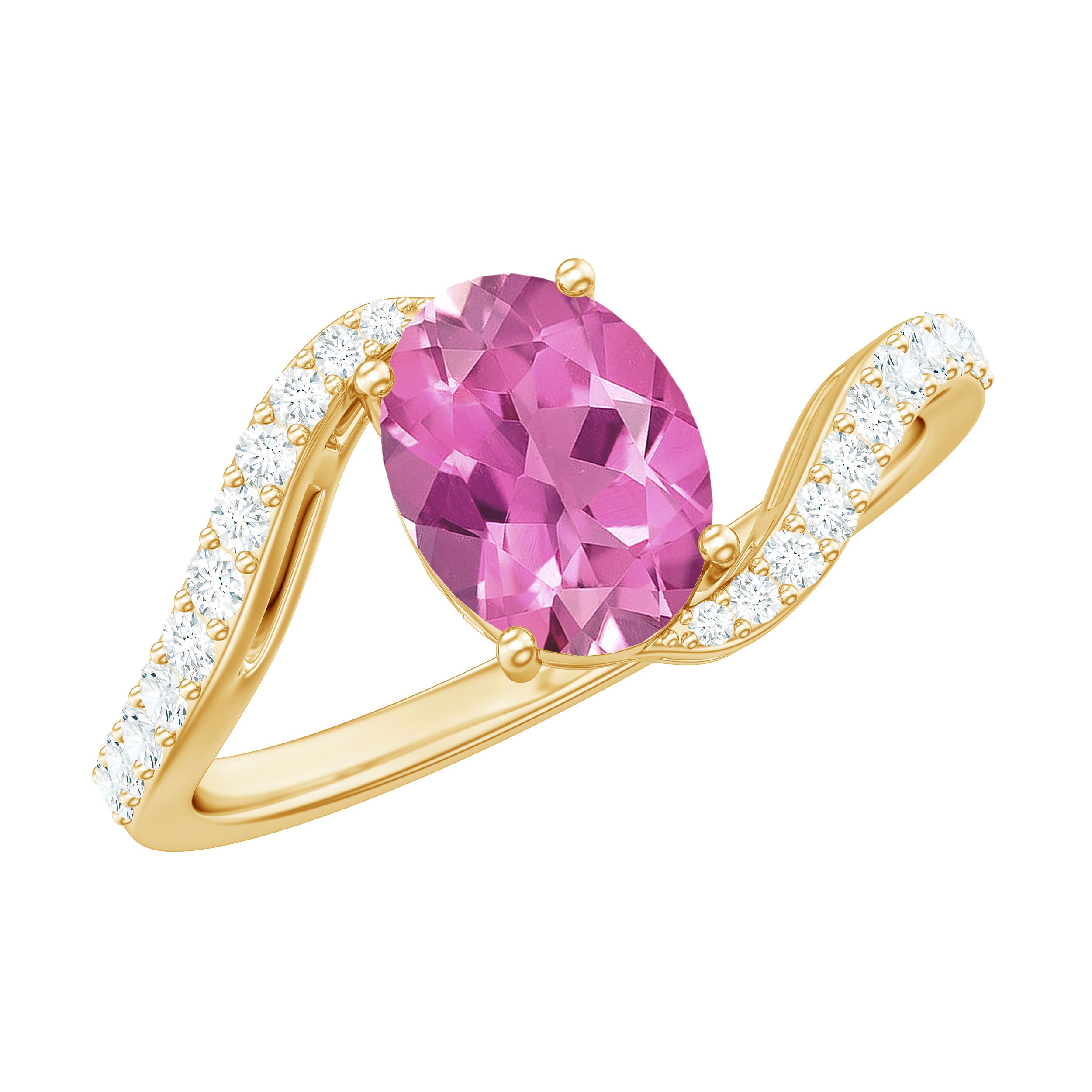 Natural Pink Tourmaline Solitaire Bypass Ring with Diamond AAA - Rosec Jewels