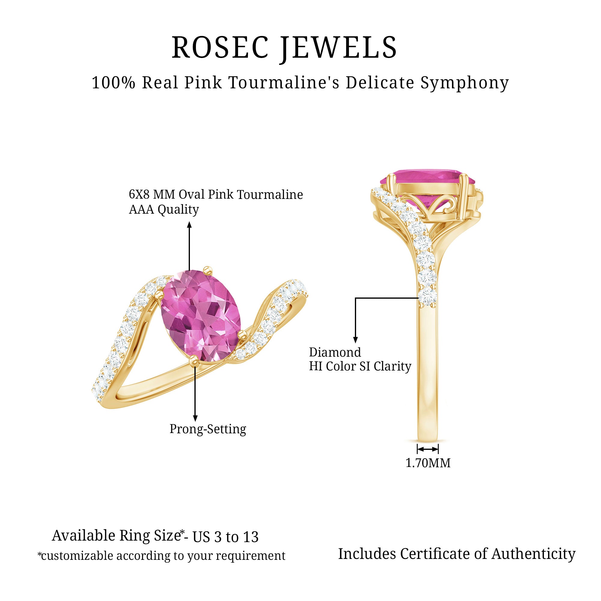 Natural Pink Tourmaline Solitaire Bypass Ring with Diamond AAA - Rosec Jewels