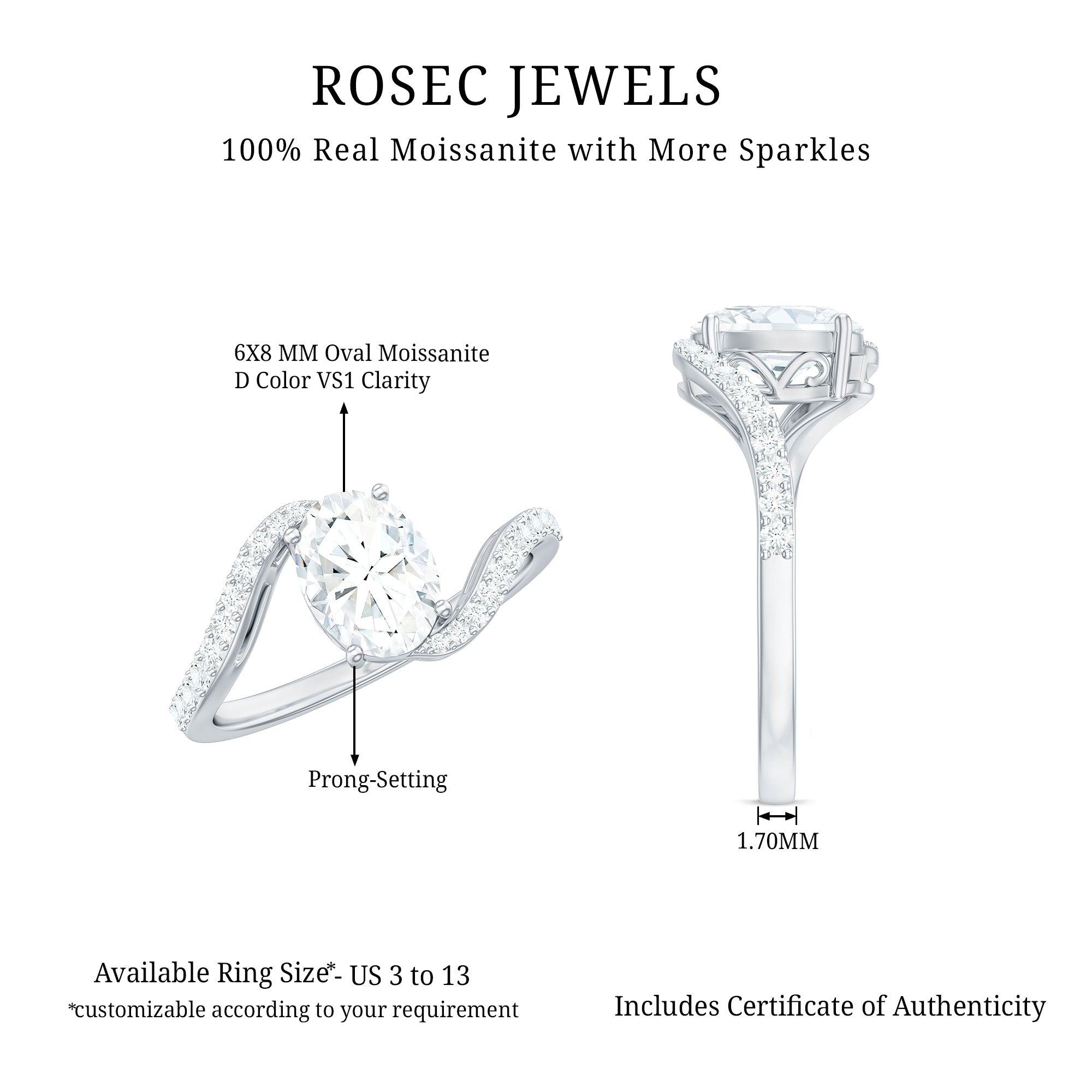 1 Carat Moissanite Oval Engagement Ring with Bypass Shank D-VS1 - Rosec Jewels