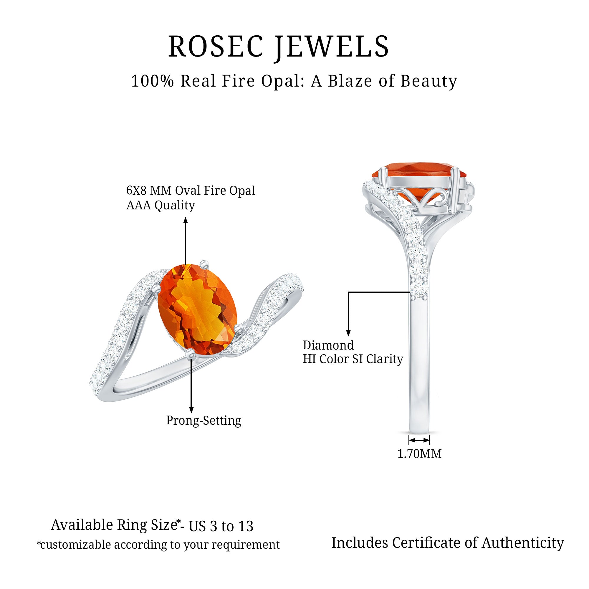 Oval Cut Solitaire Fire Opal and Diamond Bypass Ring AAA - Rosec Jewels