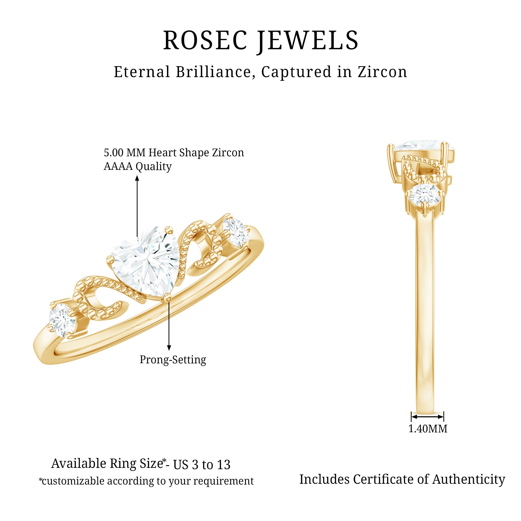 Rosec Jewels-3/4 CT Minimal Zircon Heart Engagement Ring with Gold Beaded