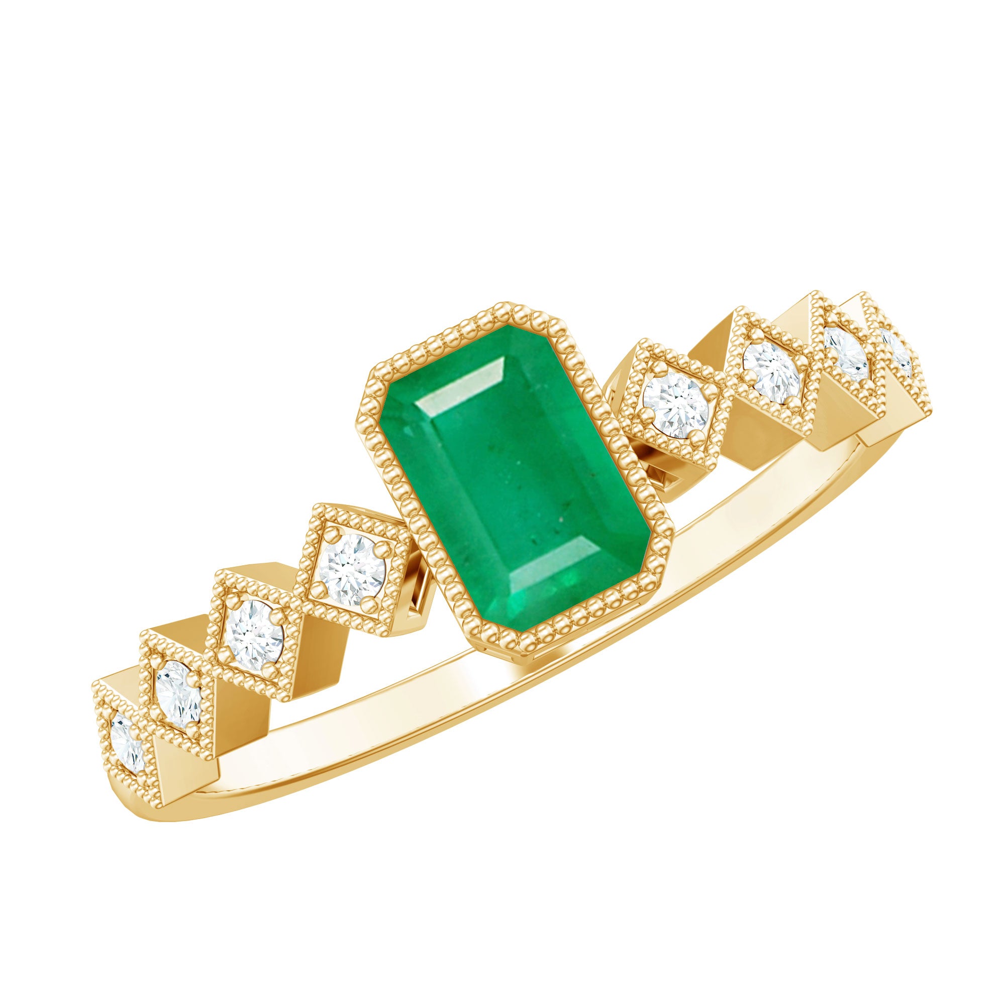 Vintage Looking Emerald Cut Emerald Engagement Ring with Diamond AAA - Rosec Jewels