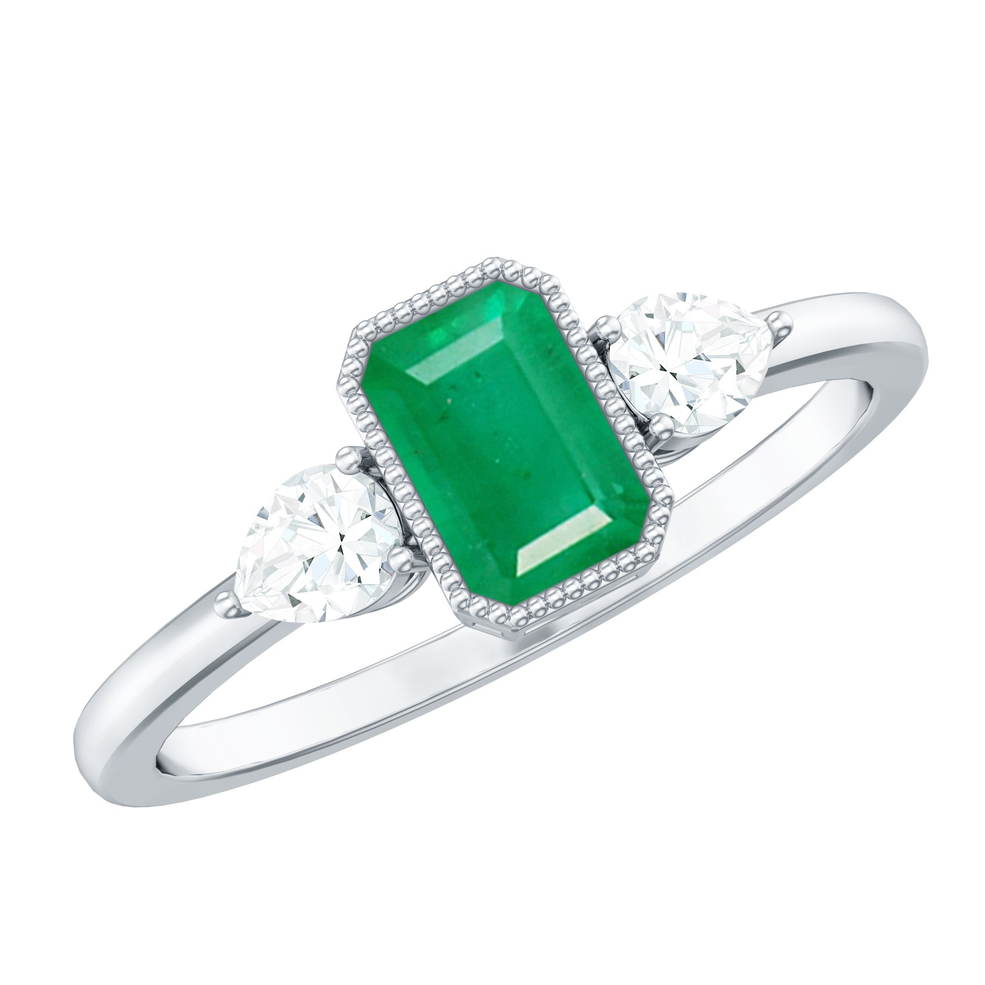 Emerald 3 Stone Ring with Diamond AAA - Rosec Jewels