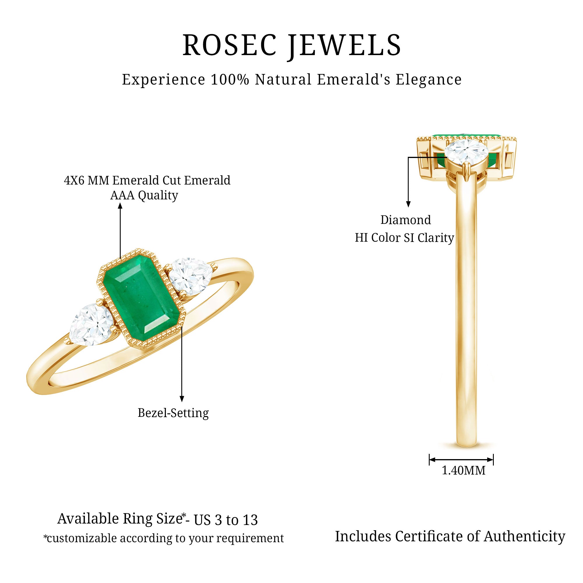 Emerald 3 Stone Ring with Diamond AAA - Rosec Jewels