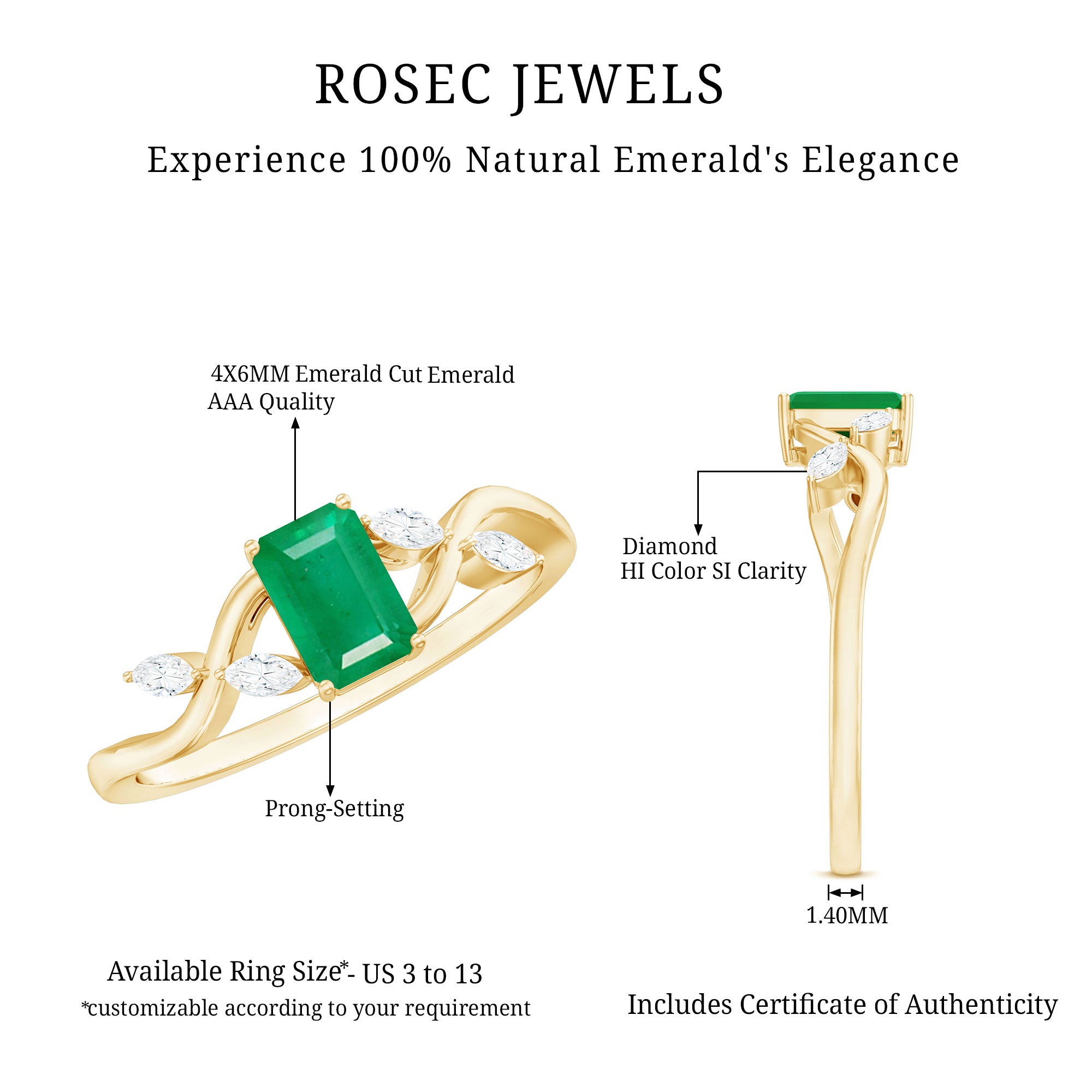 Natural Emerald Cut Emerald Designer Engagement Ring with Diamond AAA - Rosec Jewels
