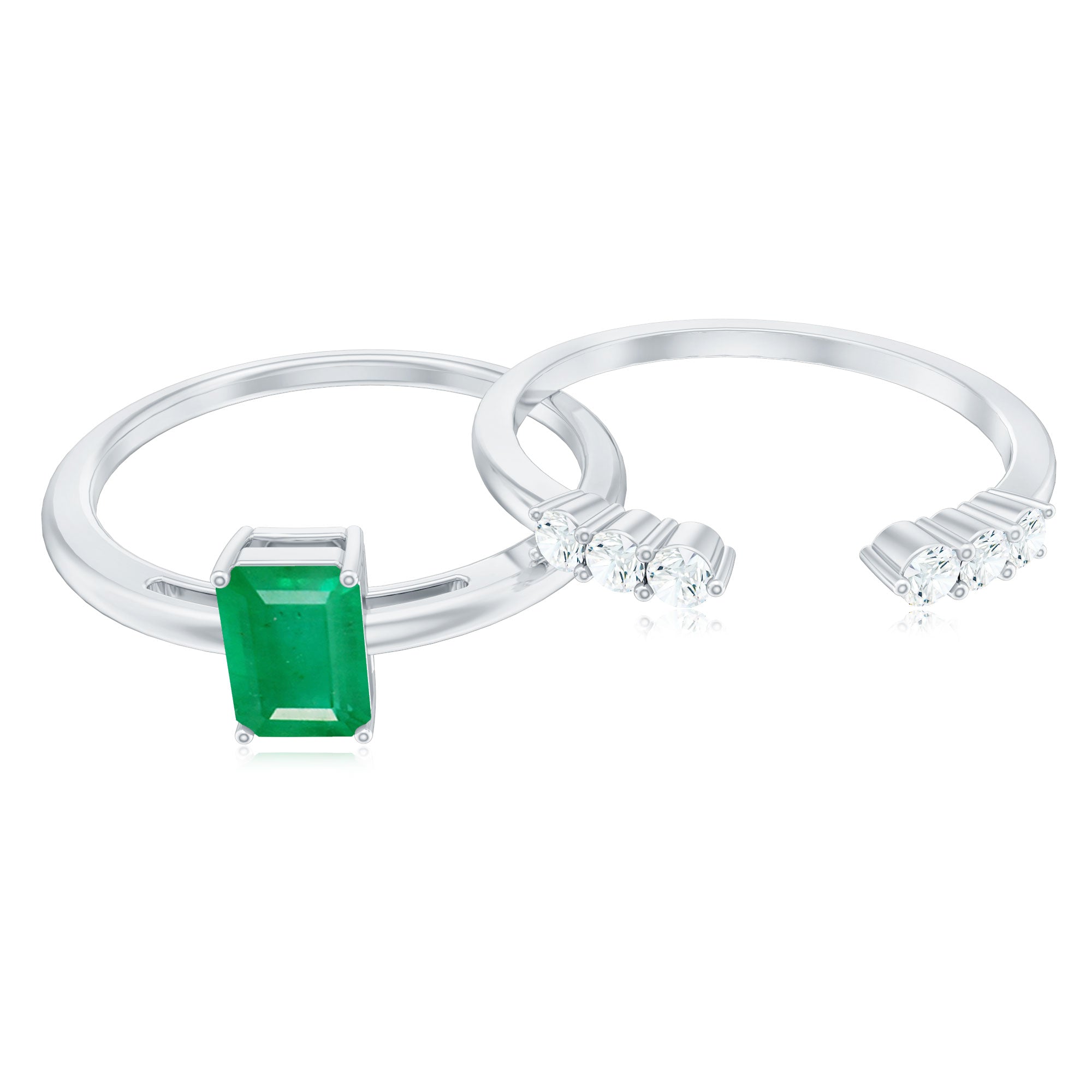 Natural Emerald Cut Emerald Diamond Engagement Wedding Ring Set of 2 AAA - Rosec Jewels