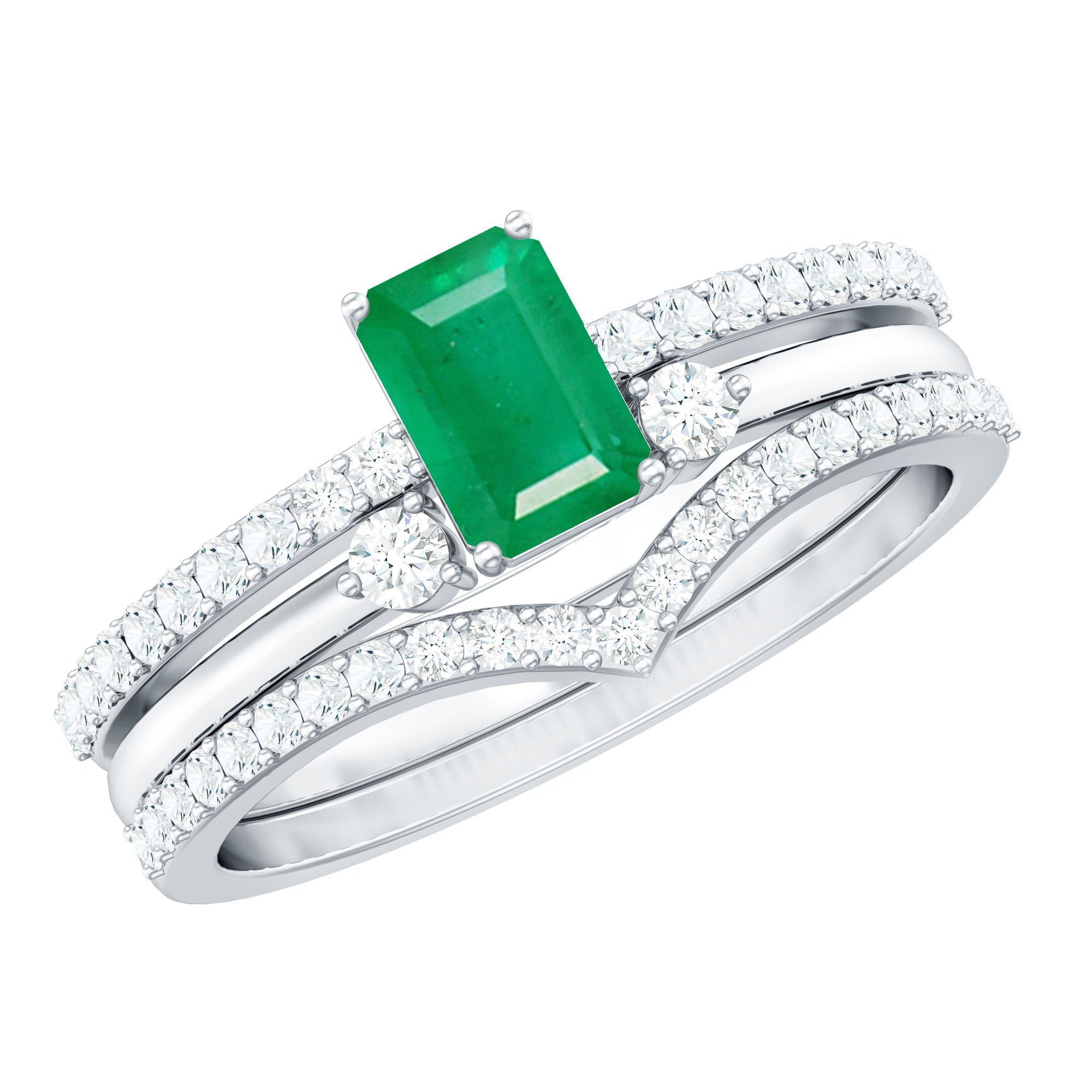 Rosec Jewels-Natural Emerald Cut Emerald Diamond 3 Piece Bridal Ring Set