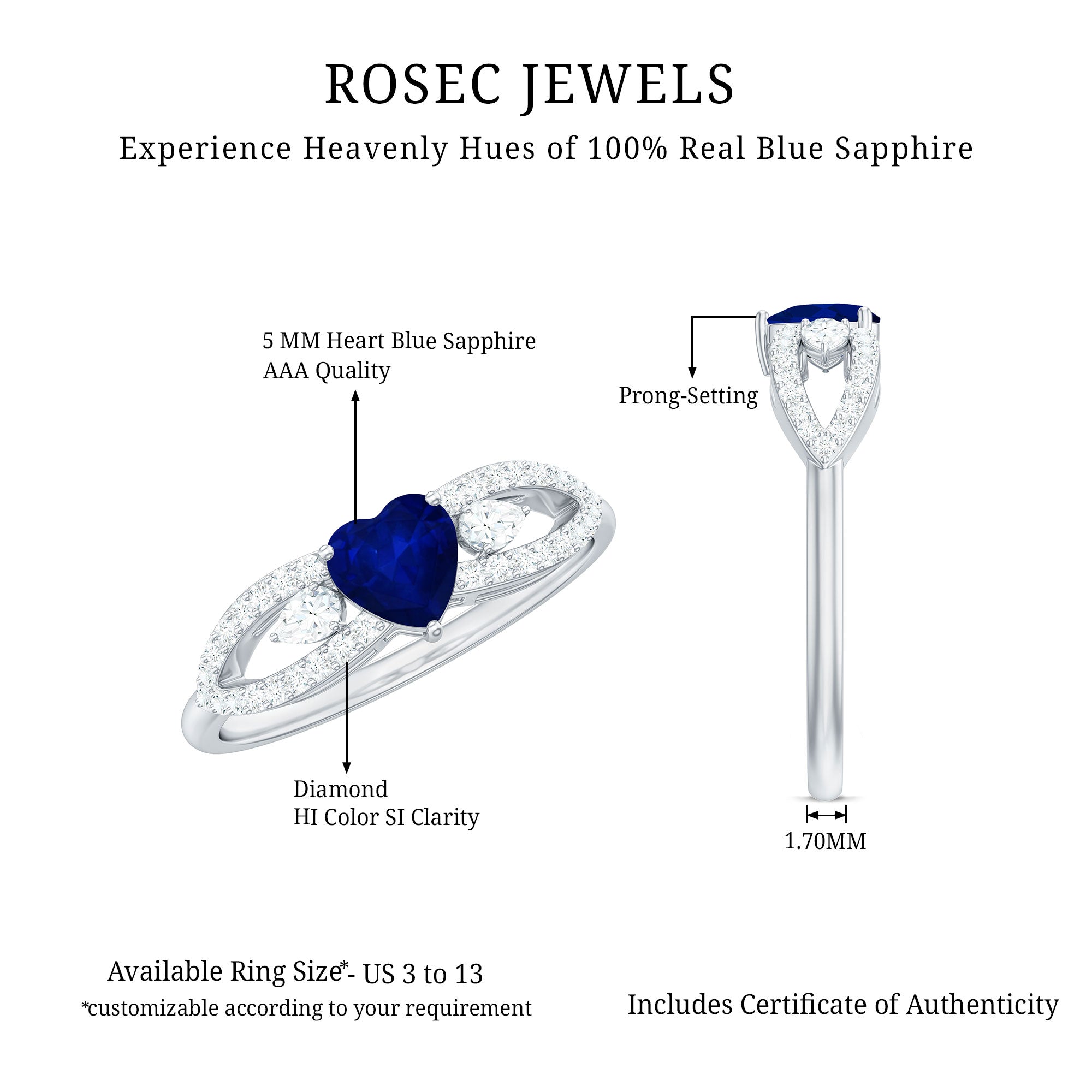 Rosec Jewels-Real 0.6 Carat Blue Sapphire and Diamond Heart Promise Ring with Split Shank
