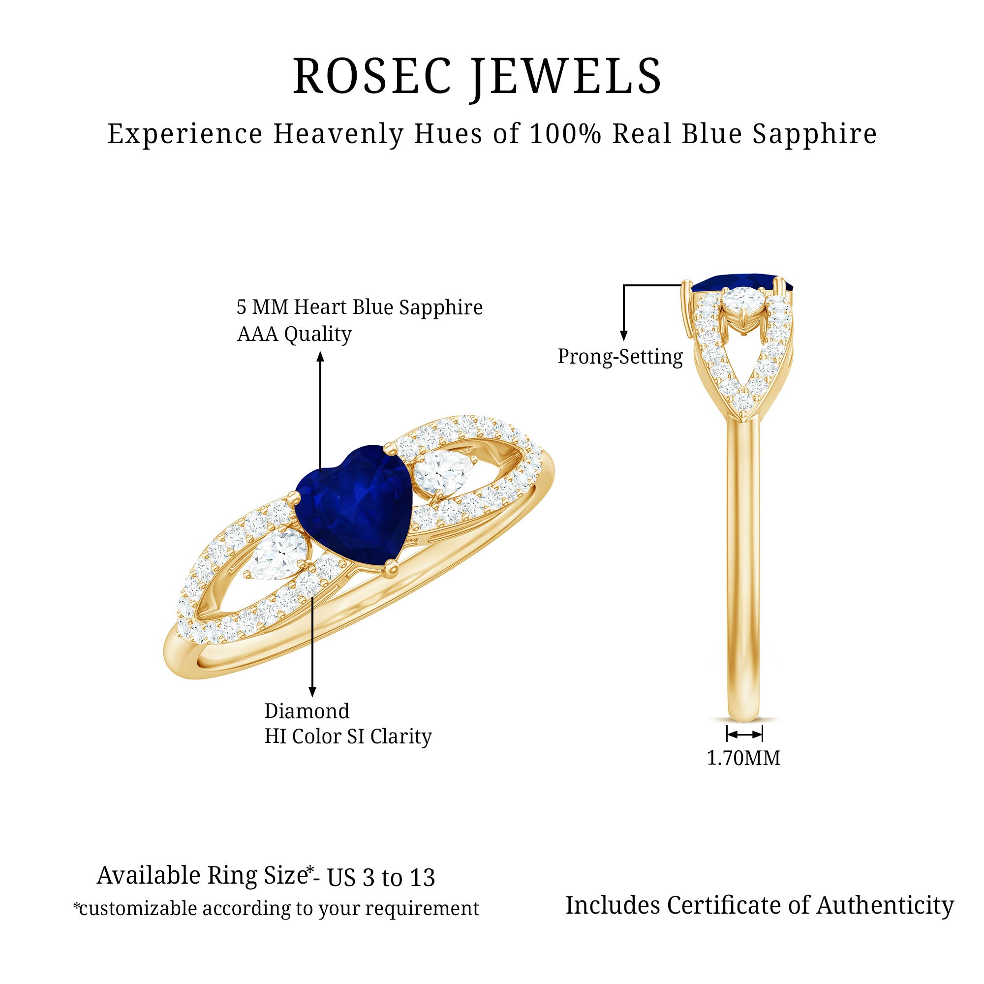 Rosec Jewels-Real 0.6 Carat Blue Sapphire and Diamond Heart Promise Ring with Split Shank