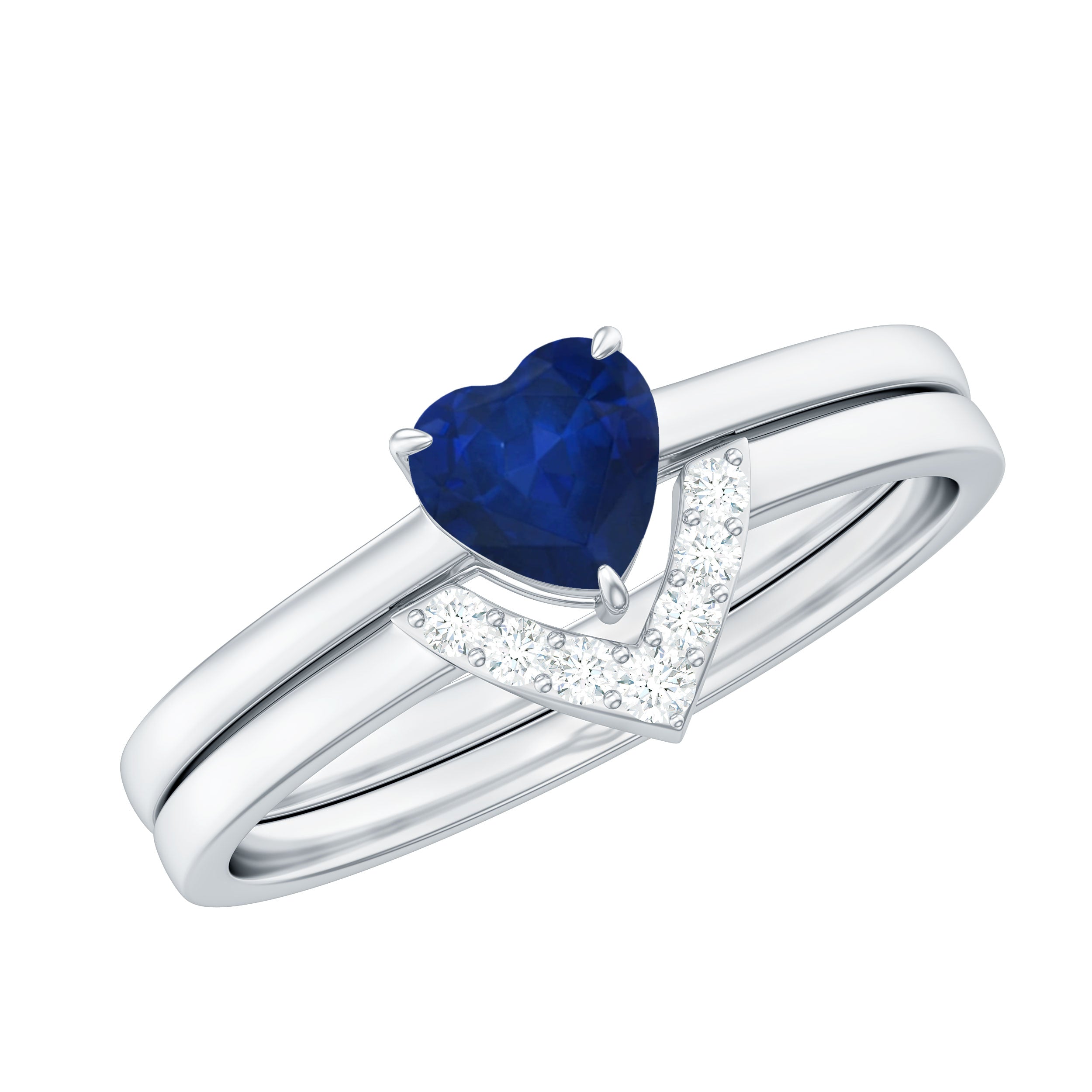 Rosec Jewels-3/4 CT Heart Shape Blue Sapphire Solitaire Ring Set with Diamond Chevron Band