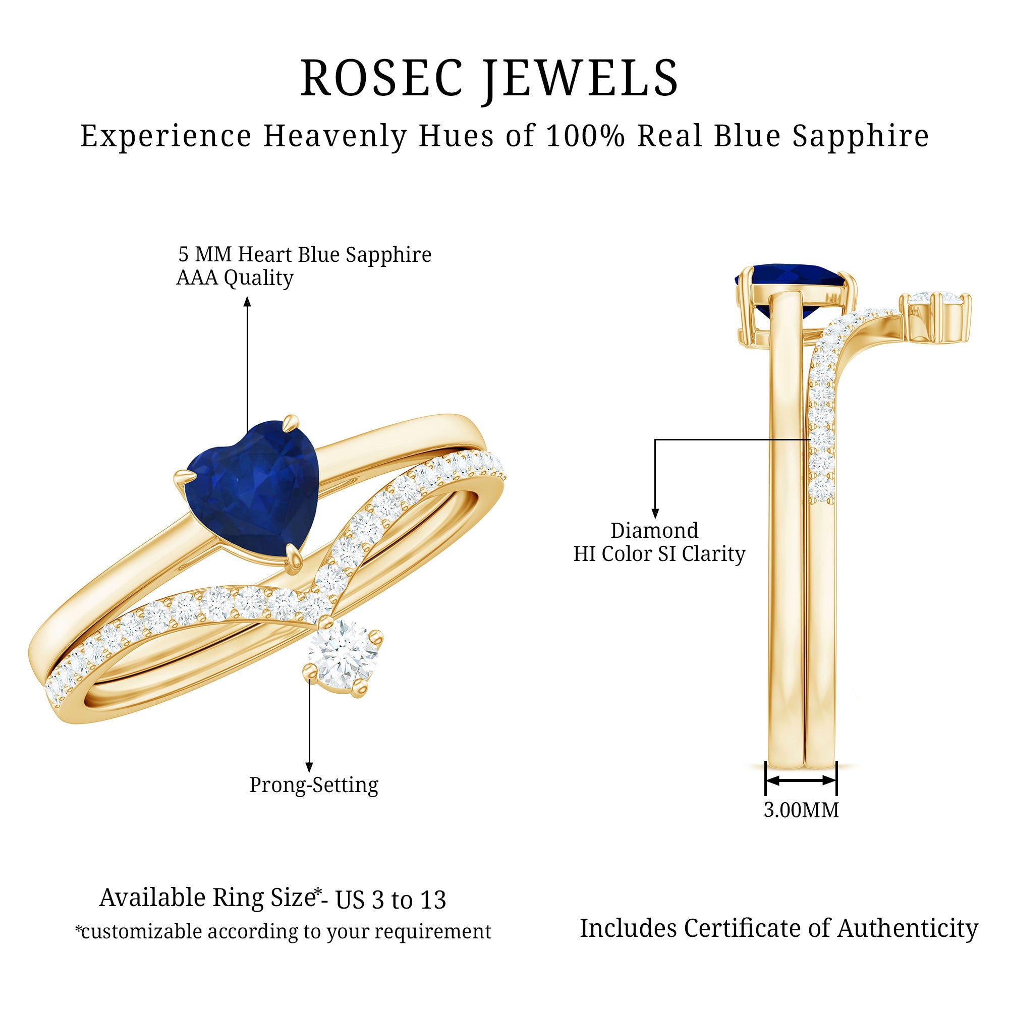 Rosec Jewels-Heart Shape Blue Sapphire Solitaire Wedding Ring Set with Diamond