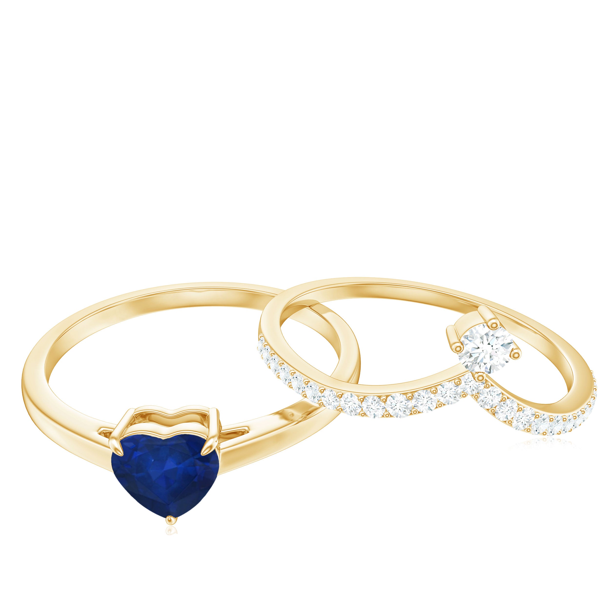 Rosec Jewels-Heart Shape Blue Sapphire Solitaire Wedding Ring Set with Diamond