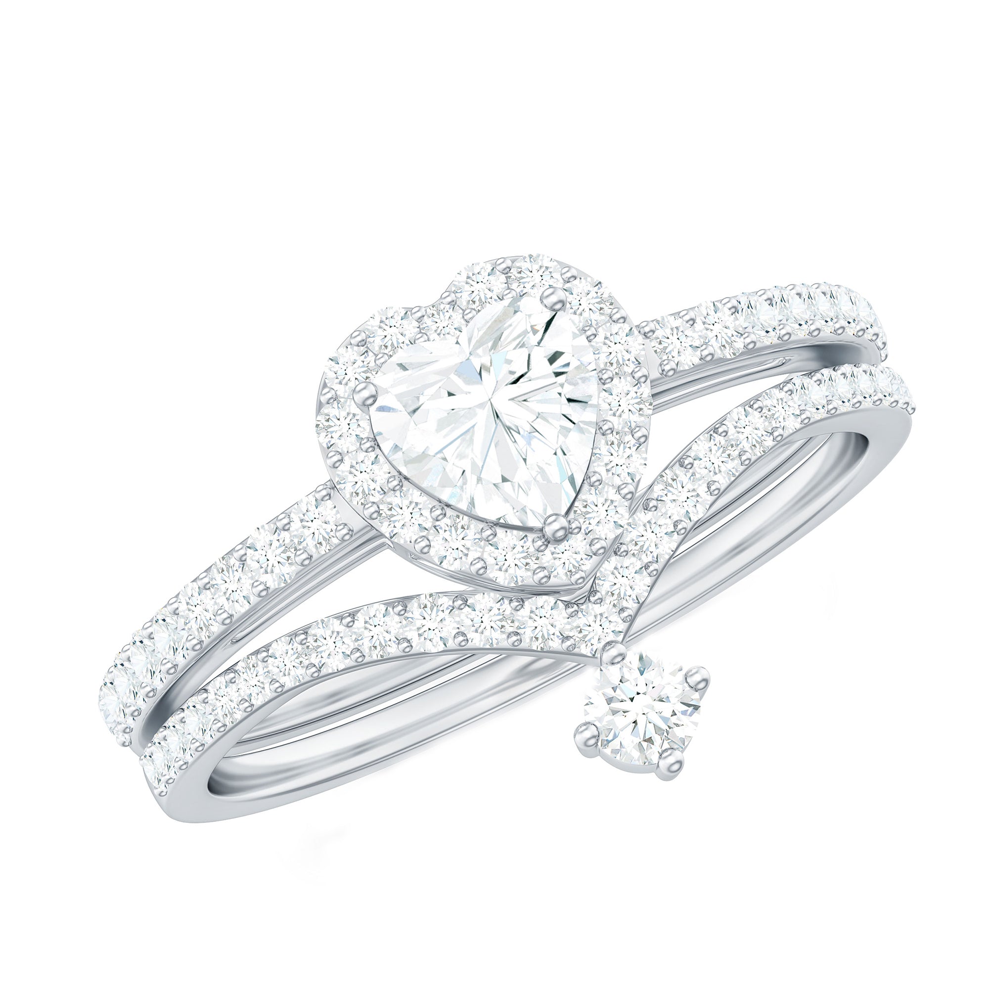 Cubic Zirconia Heart Ring Set with V Shape Band AAAA - Rosec Jewels