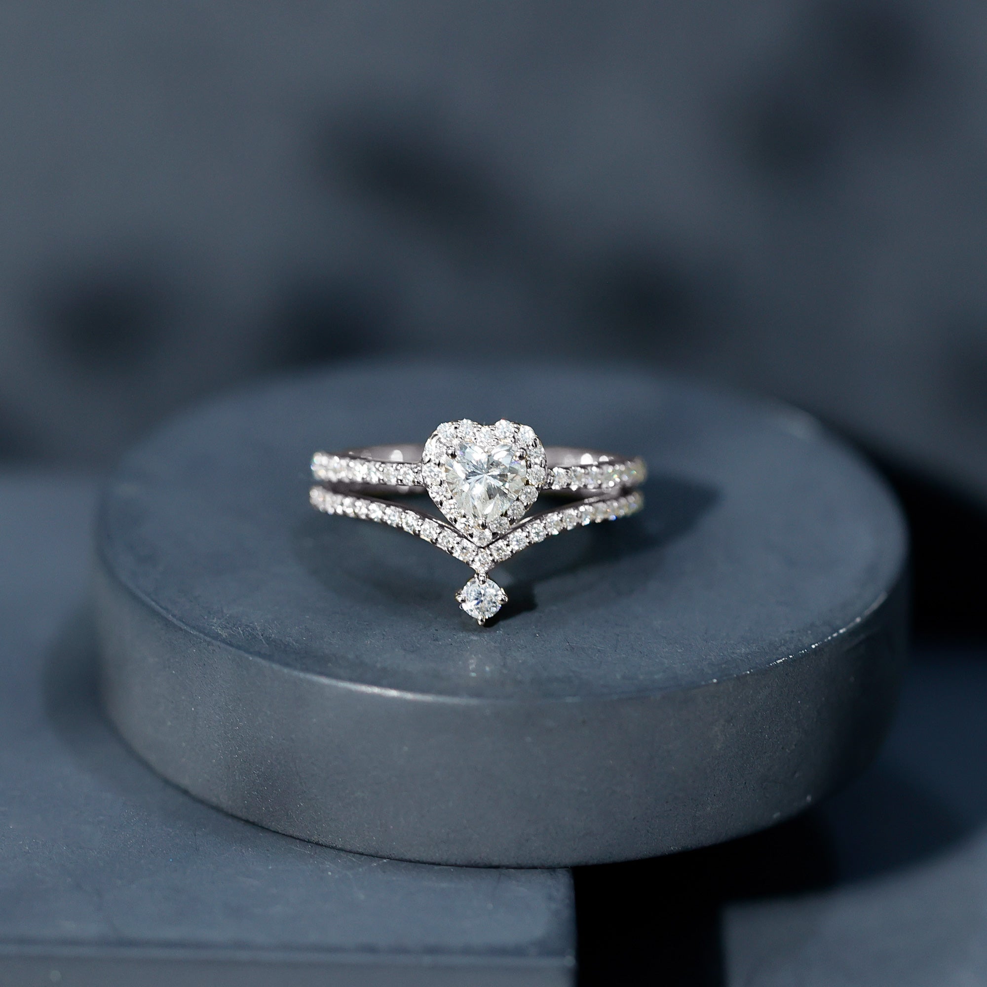 Cubic Zirconia Heart Ring Set with V Shape Band AAAA - Rosec Jewels