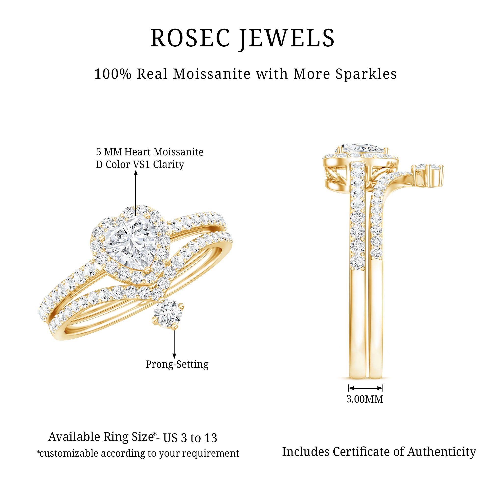 Certified Moissanite Heart Wedding Ring Set for Women D-VS1 - Rosec Jewels