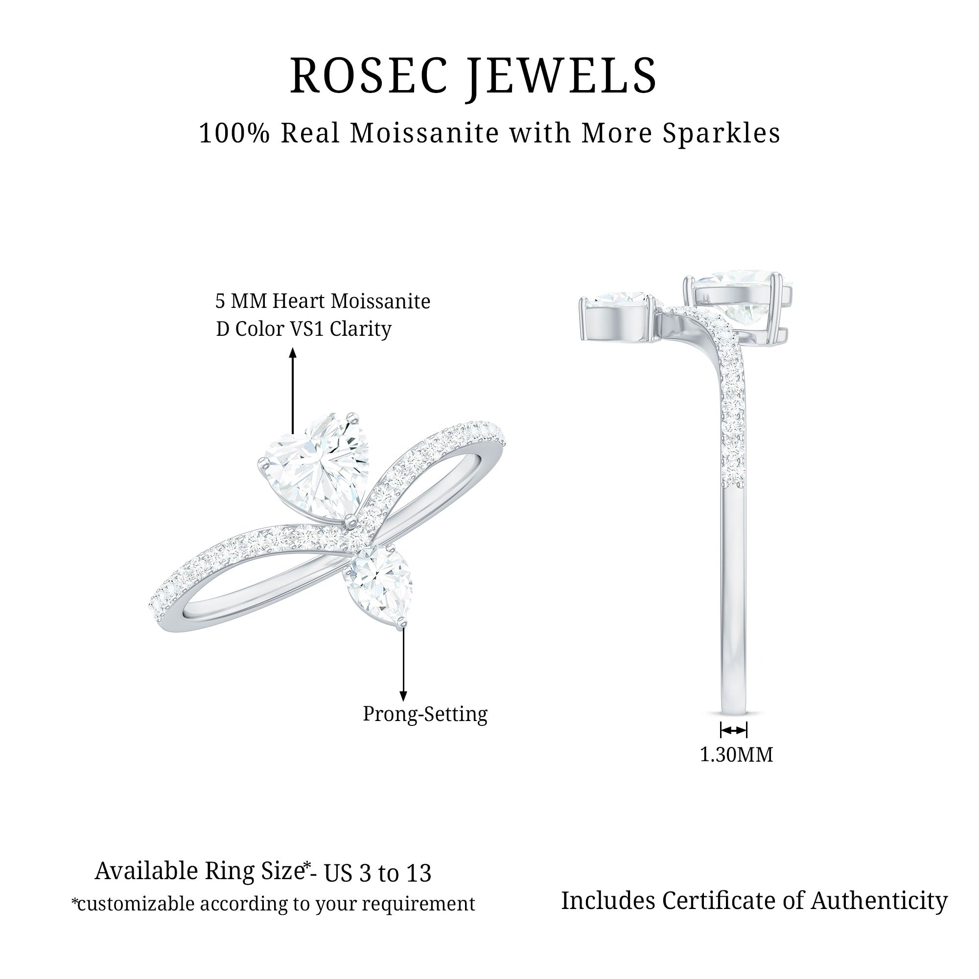 Designer Moissanite Heart Engagement Ring for Women D-VS1 - Rosec Jewels