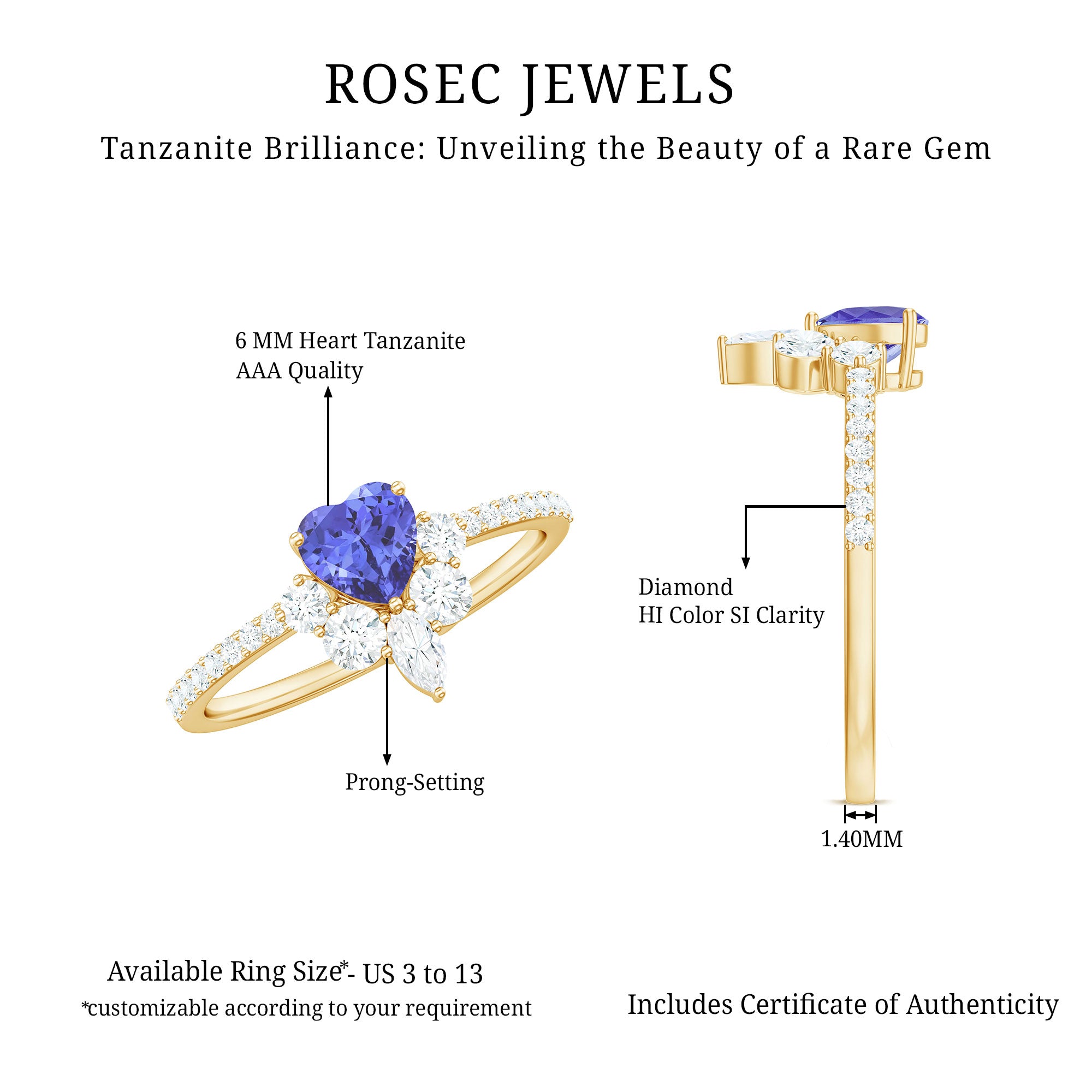 Natural Tanzanite Diamond Heart Promise Ring for Engagement AAA - Rosec Jewels