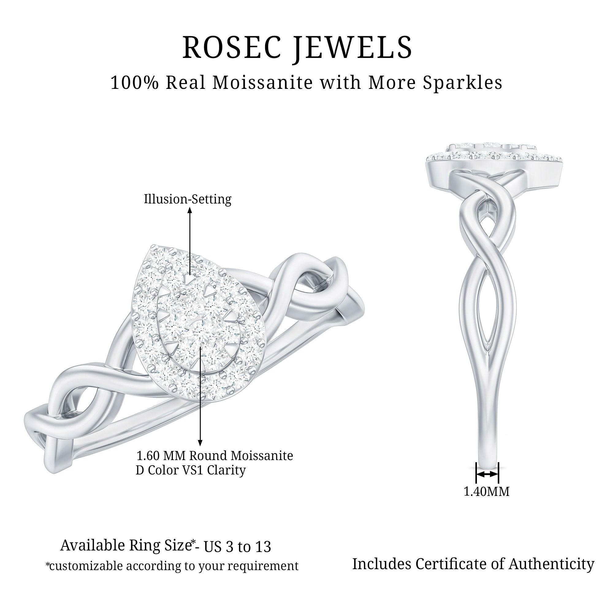 Rosec Jewels-Illusion Set Round Moissanite Crossover Halo Engagement Ring