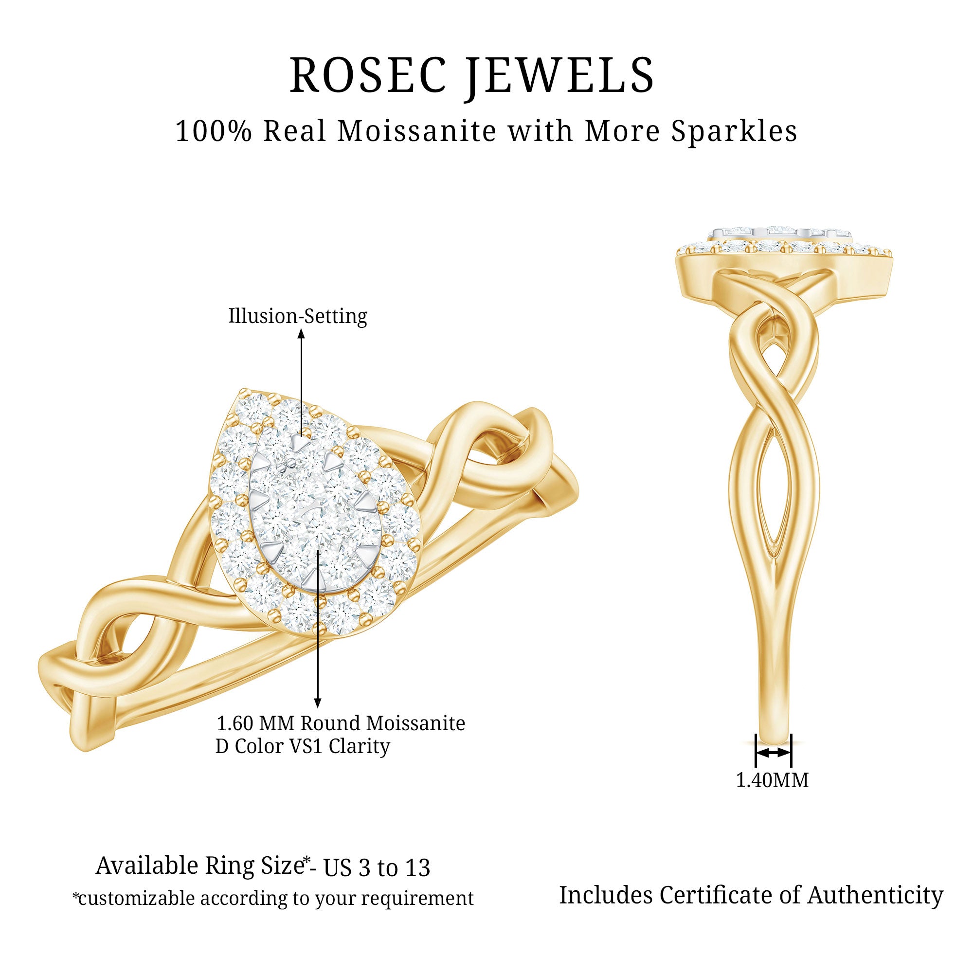 Rosec Jewels-Illusion Set Round Moissanite Crossover Halo Engagement Ring