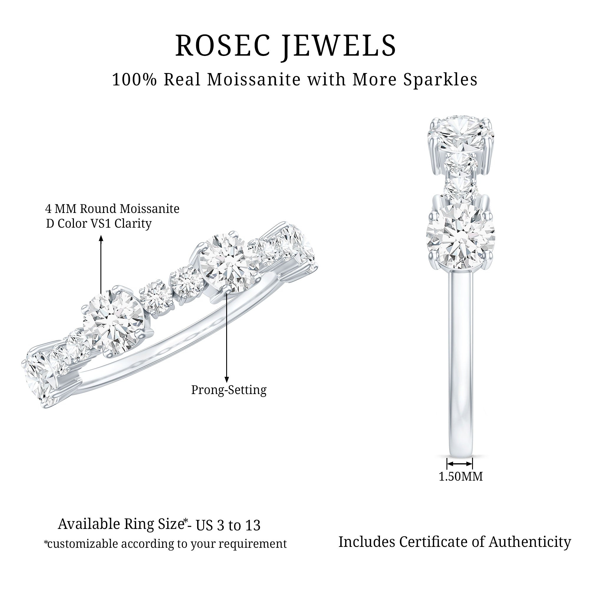 Round Moissanite Half Eternity Wedding Band D-VS1 - Rosec Jewels