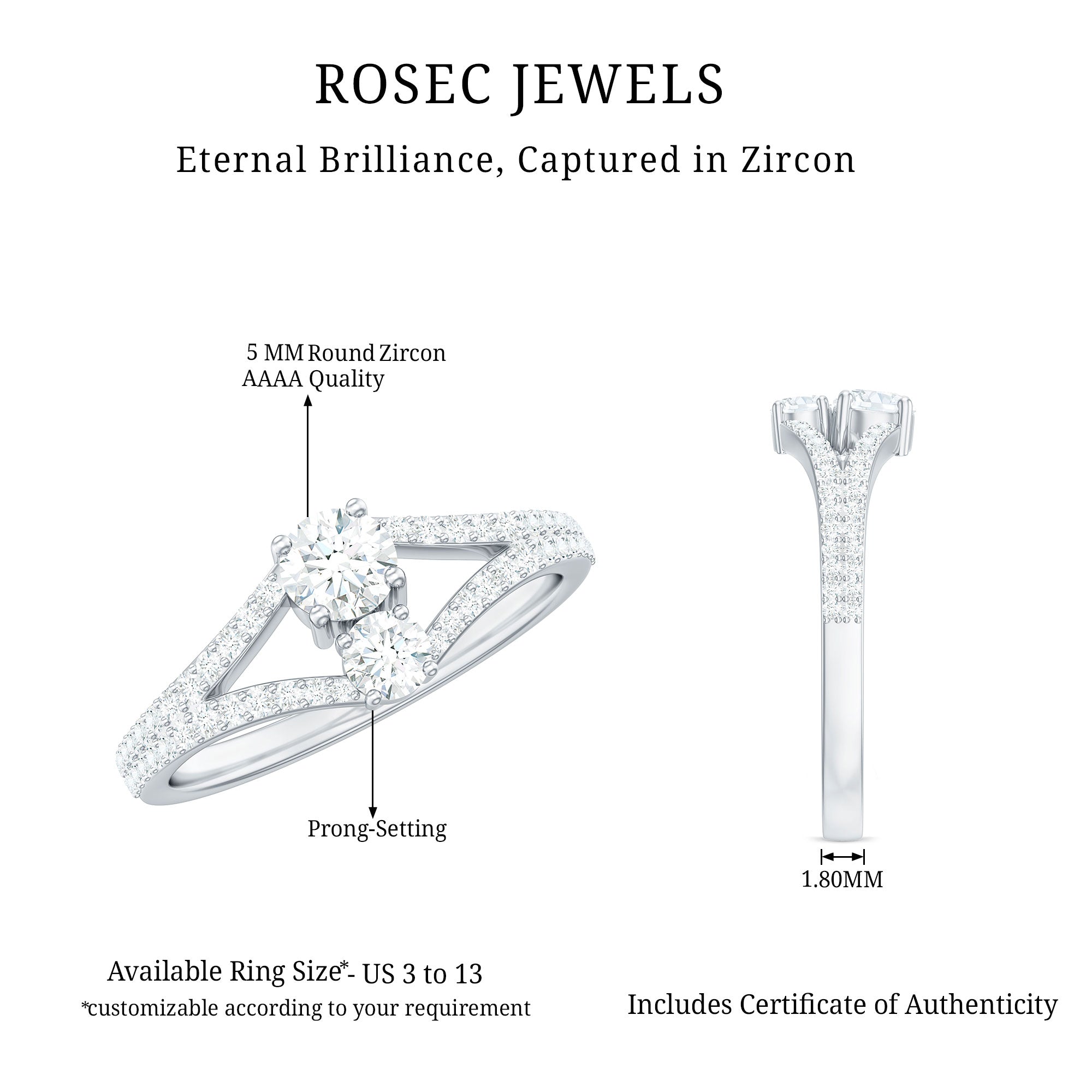 3/4 CT Zircon Two Stone Engagement Ring with Split Shank AAAA - Rosec Jewels