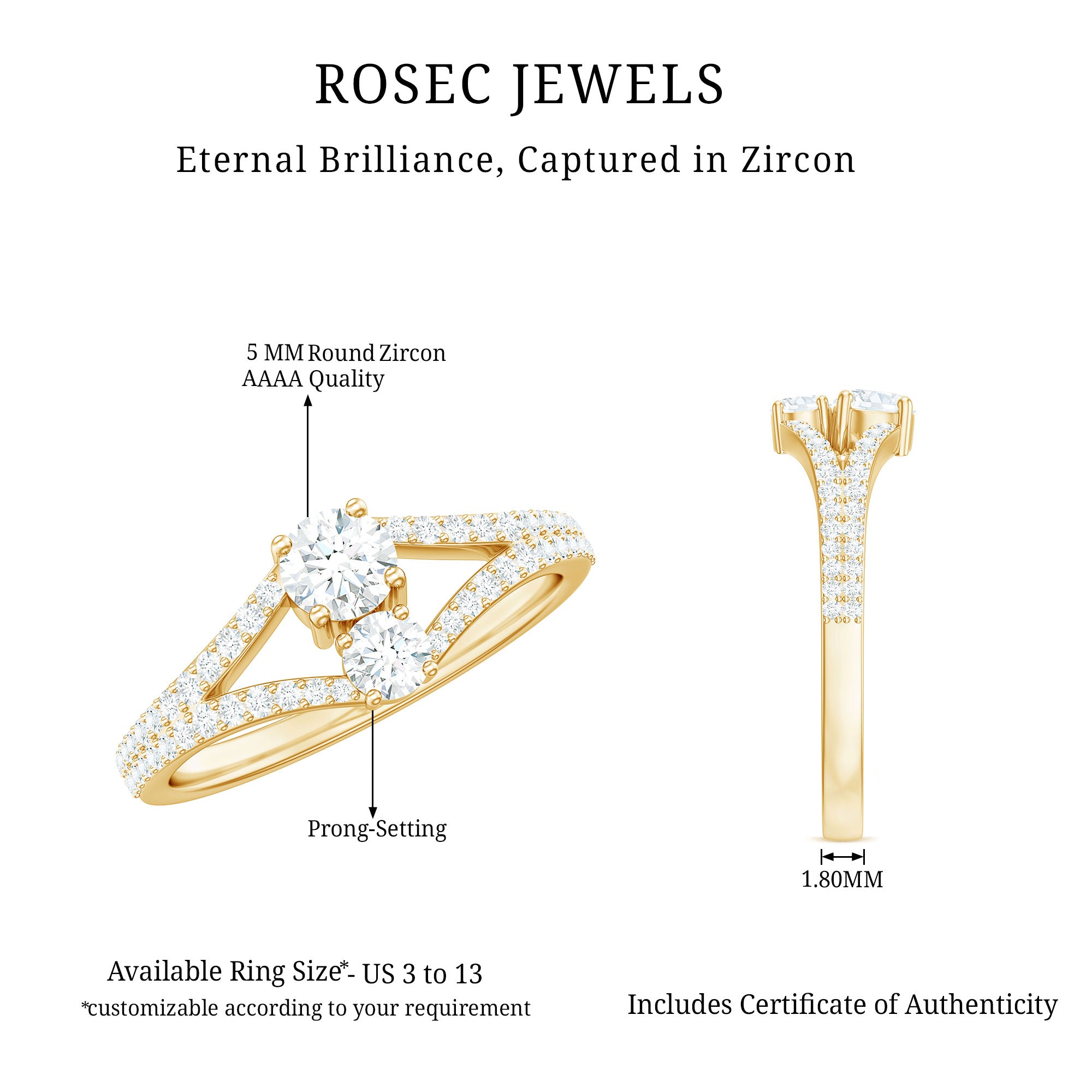 3/4 CT Zircon Two Stone Engagement Ring with Split Shank AAAA - Rosec Jewels