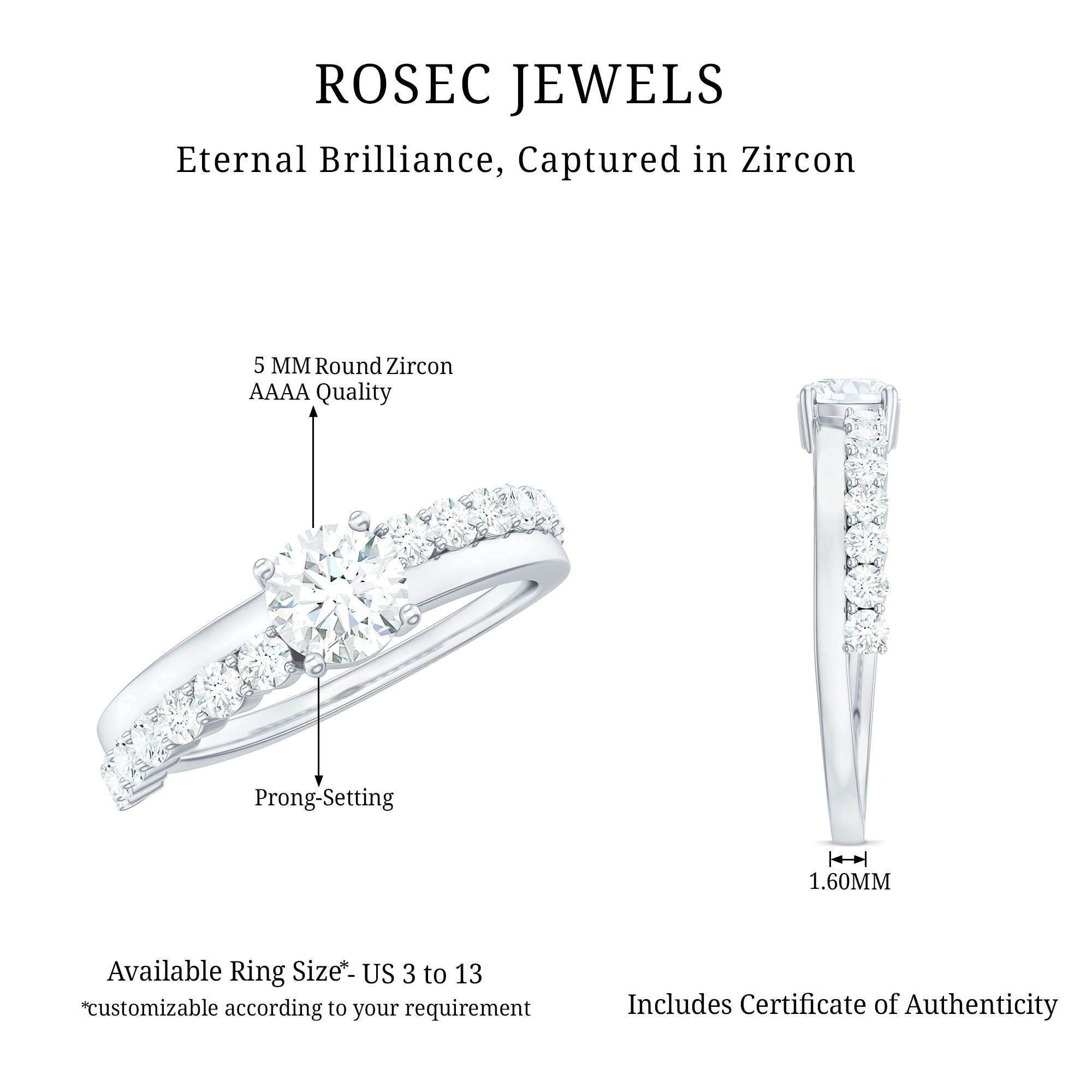 1 CT Round Cut Cubic Zirconia Promise Ring in Prong Setting AAAA - Rosec Jewels