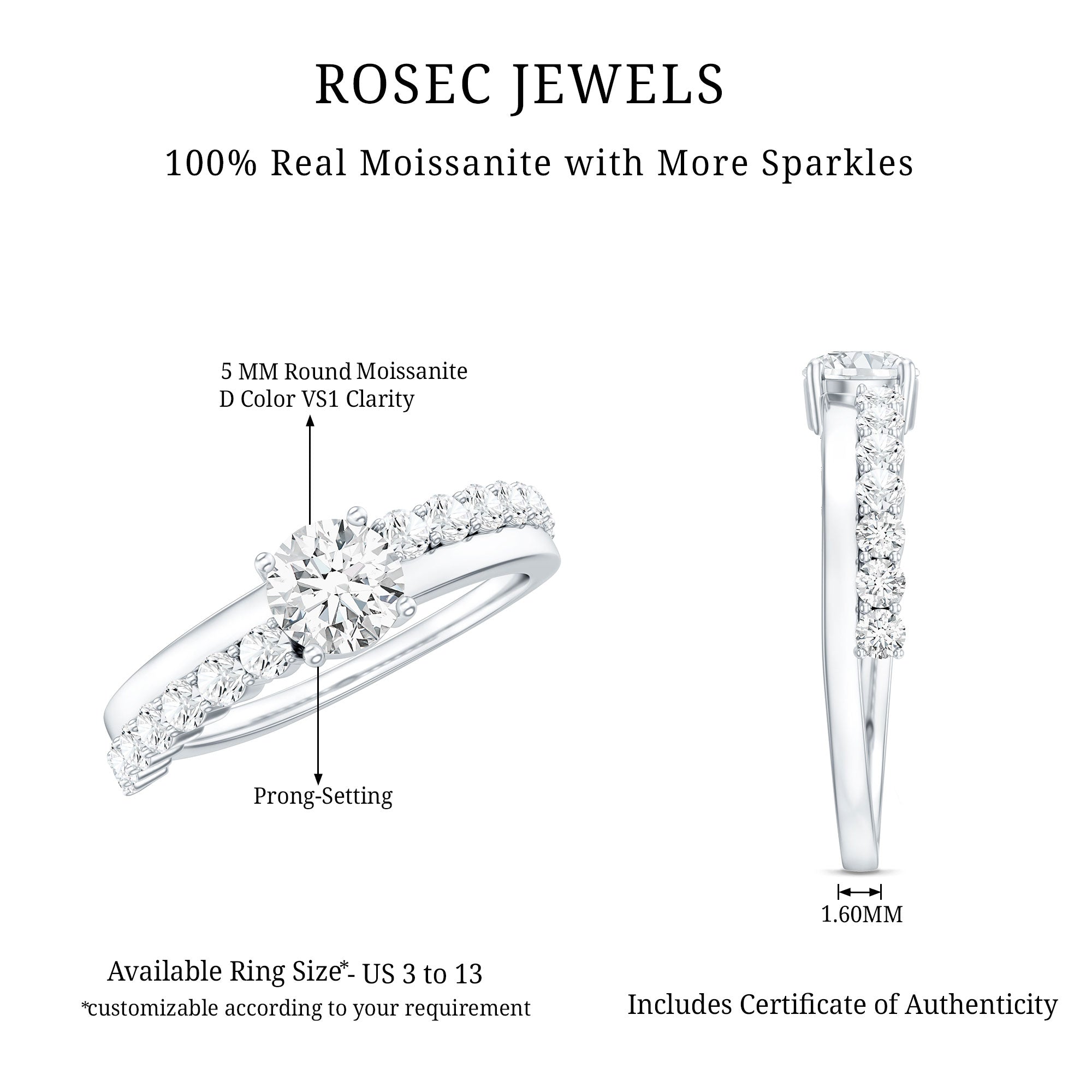 Round Cut Moissanite Engagement Ring with Side Stones D-VS1 - Rosec Jewels