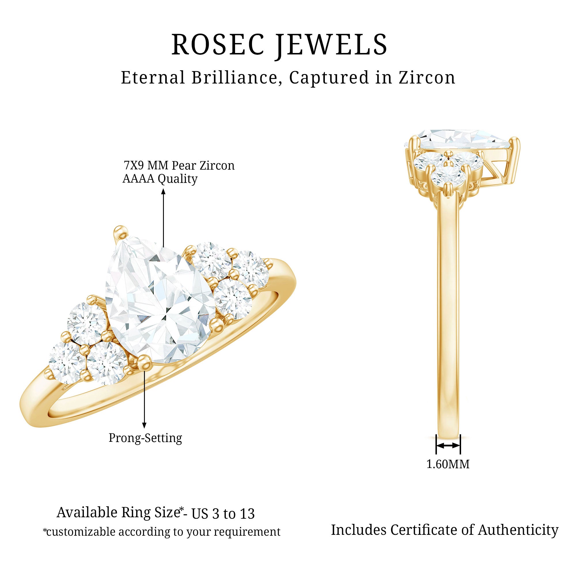 Zircon Teardrop Engagement Ring with Cluster Accent AAAA - Rosec Jewels