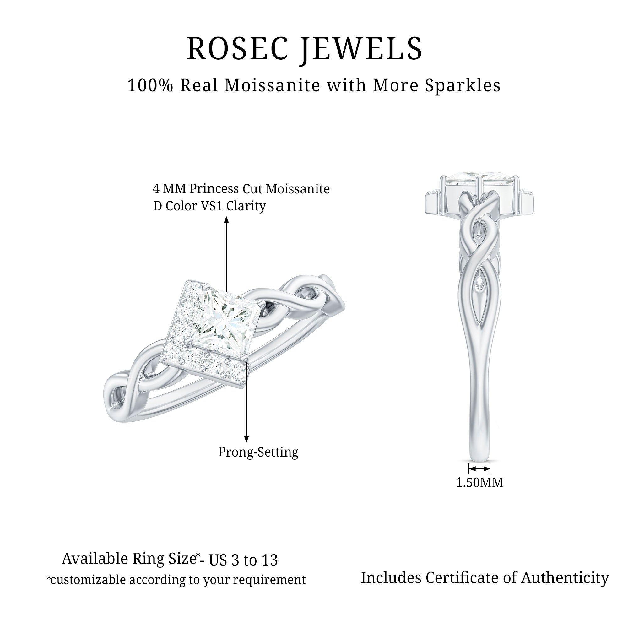 Princess Cut Moissanite Infinity Promise Ring with Half Halo D-VS1 - Rosec Jewels