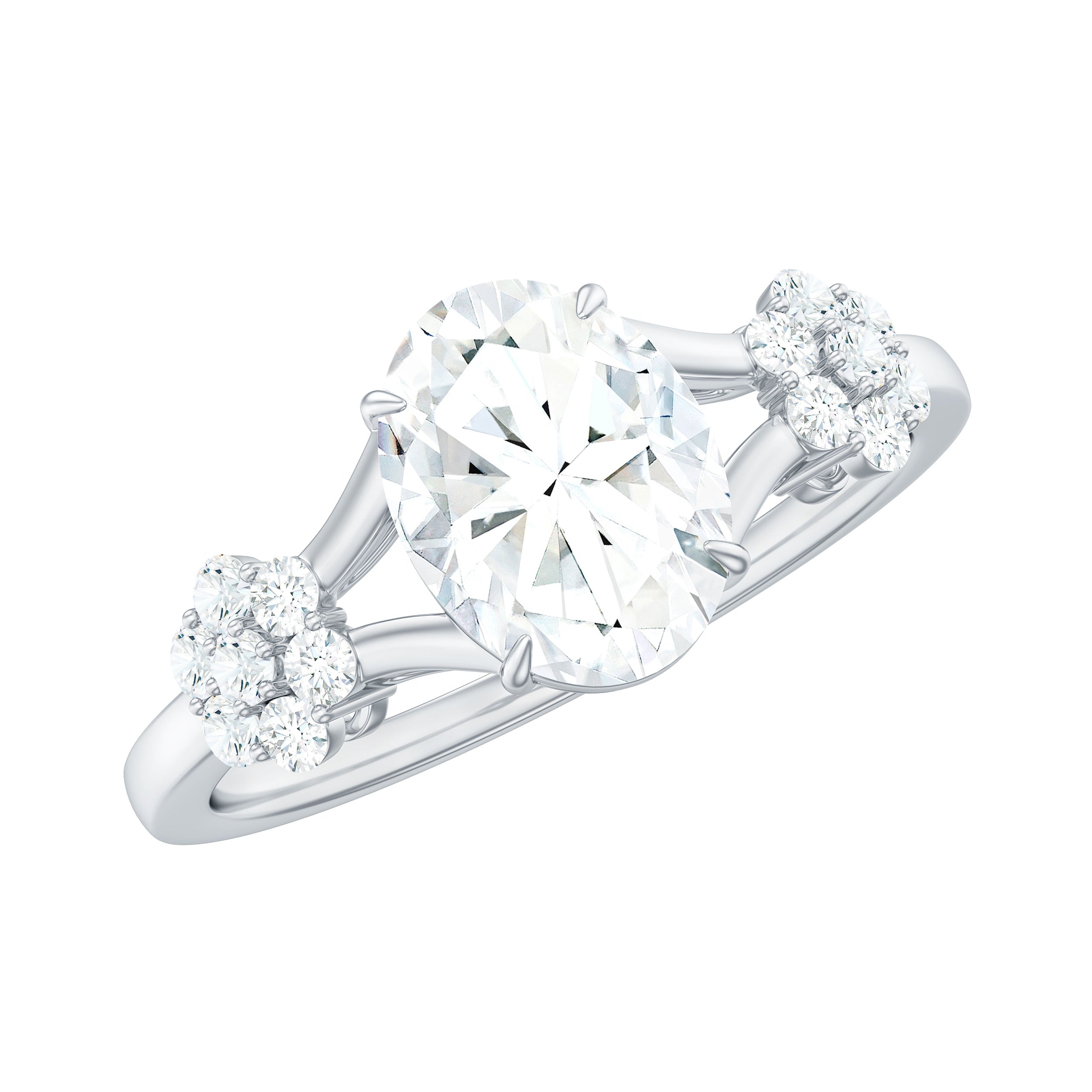 Oval Cut Moissanite Flower Engagement Ring in Split Shank D-VS1 - Rosec Jewels